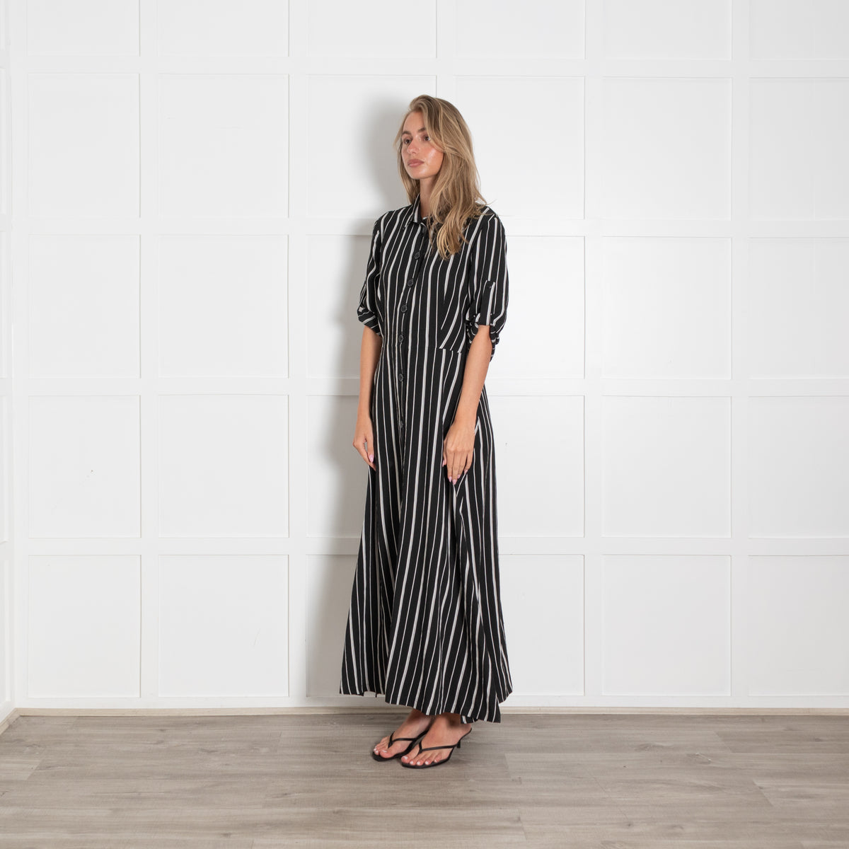 Riani Black Striped Short Sleeve Maxi Shirt Dress