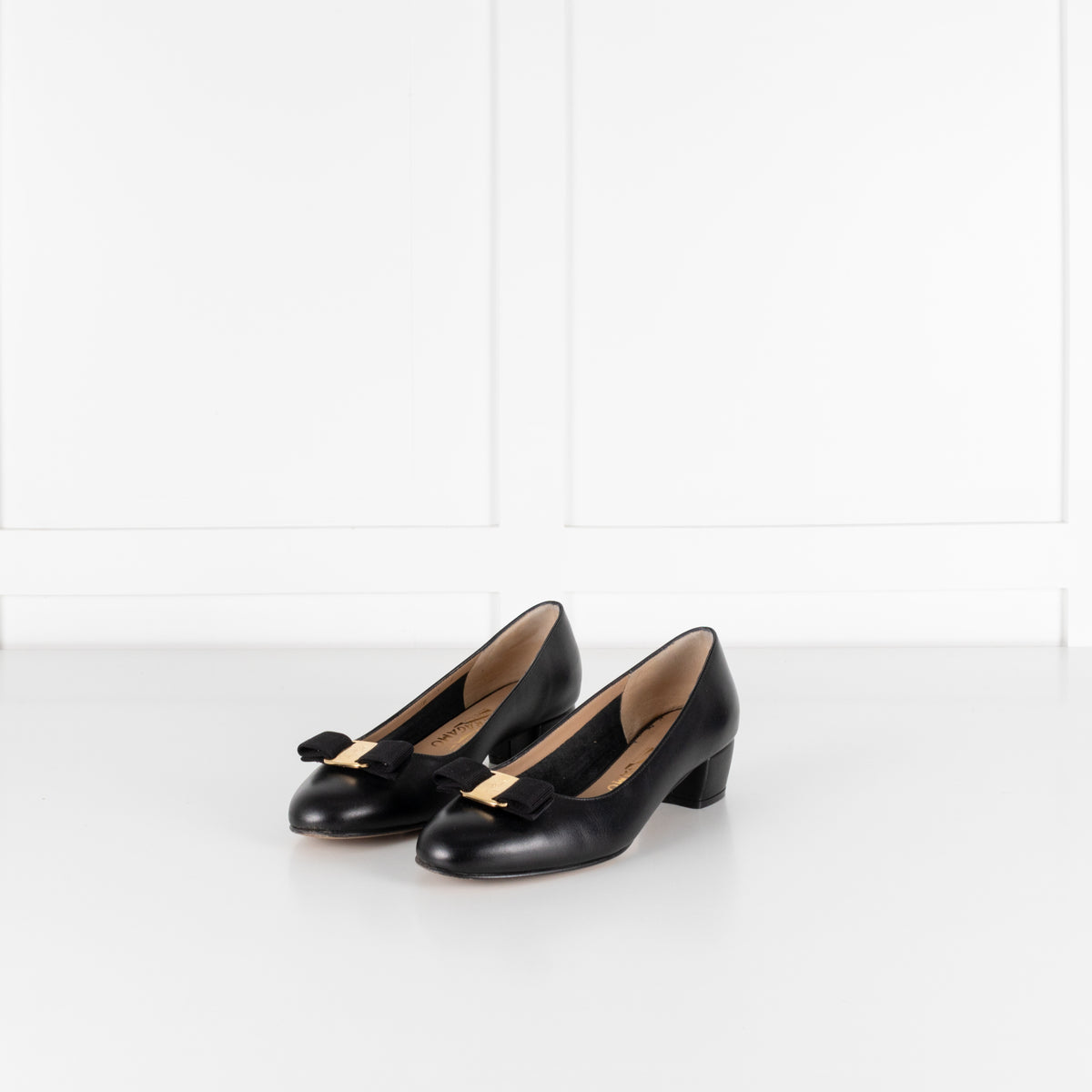 Salvatore Ferragamo Black Leather Low Heel Bow Front Shoes
