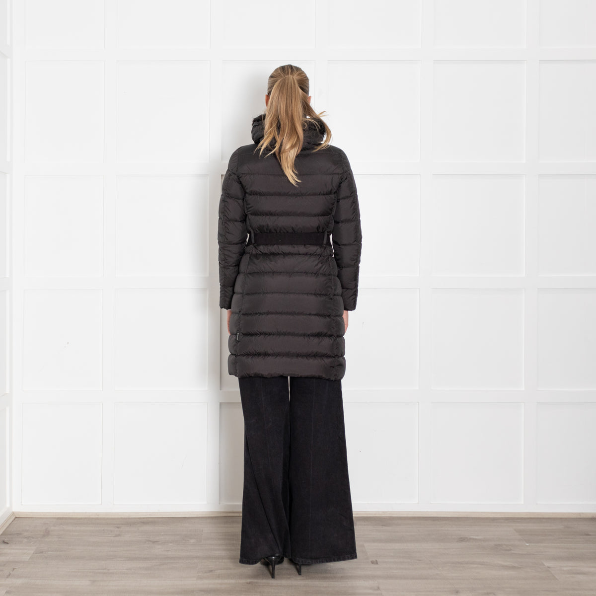 Moncler Black Puffer Fur Trim Hooded Coat