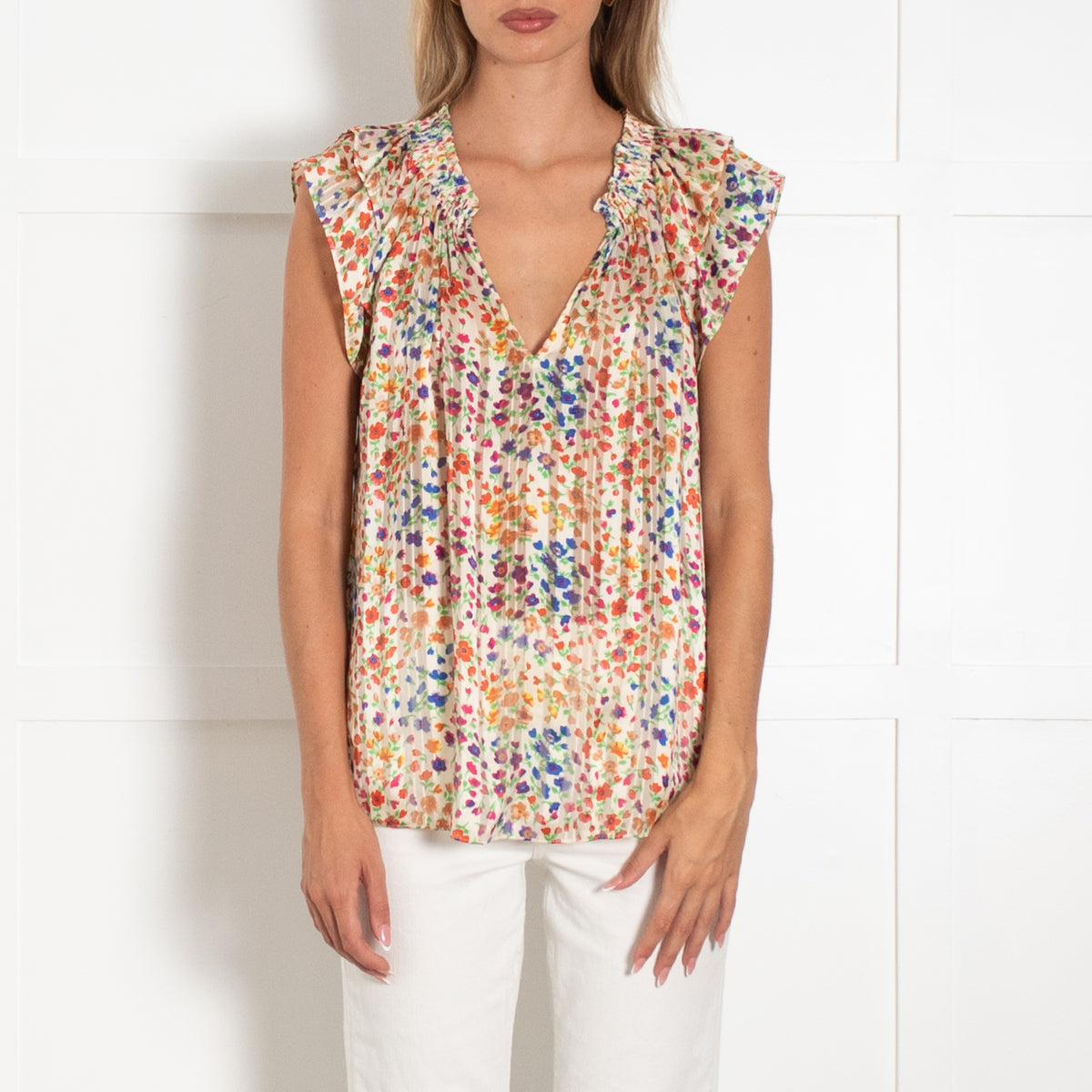 Bash Cream Red Blue Floral Frill Sleeves Top