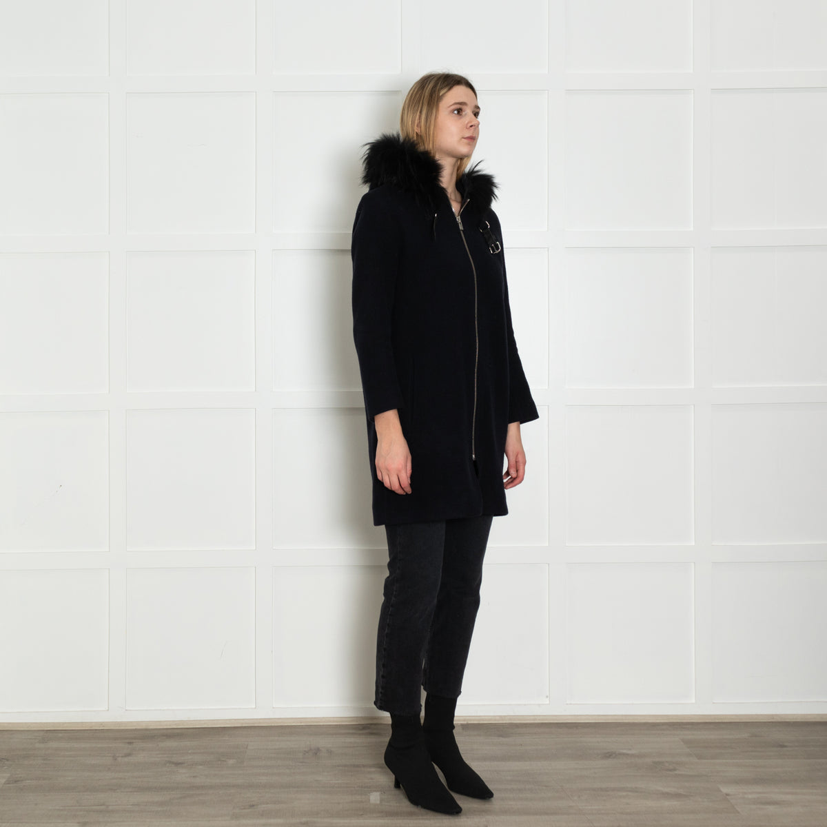 Maje Navy Coat with Fur Trim Hood