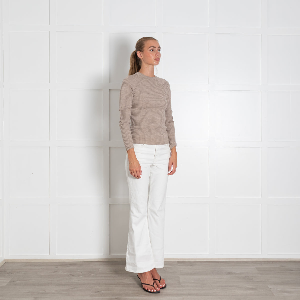 Toteme Beige Ribbed Fine Merino Wool Sweater