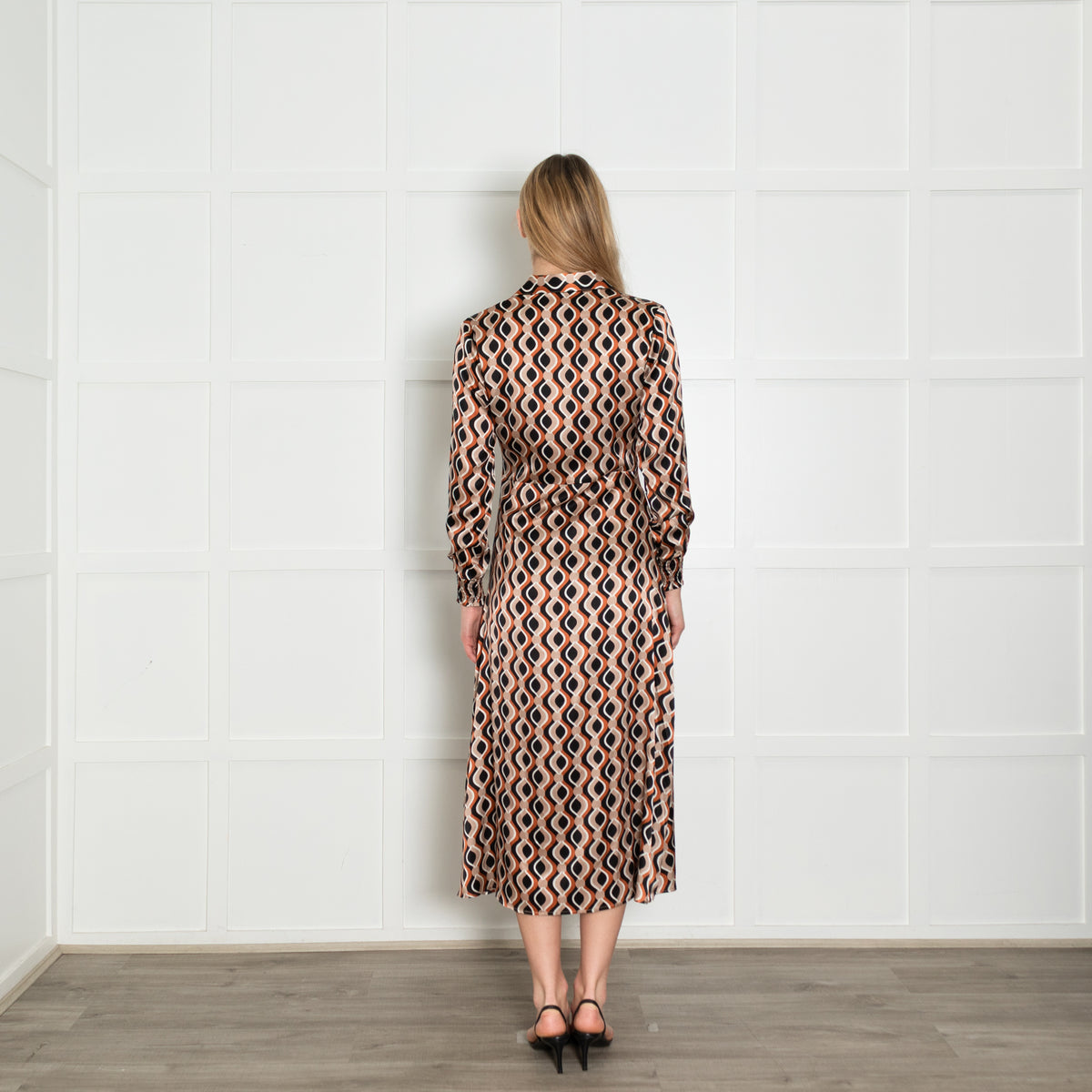 Charlotte Sparre Black Brown White Print Front Open Silk Maxi Dress