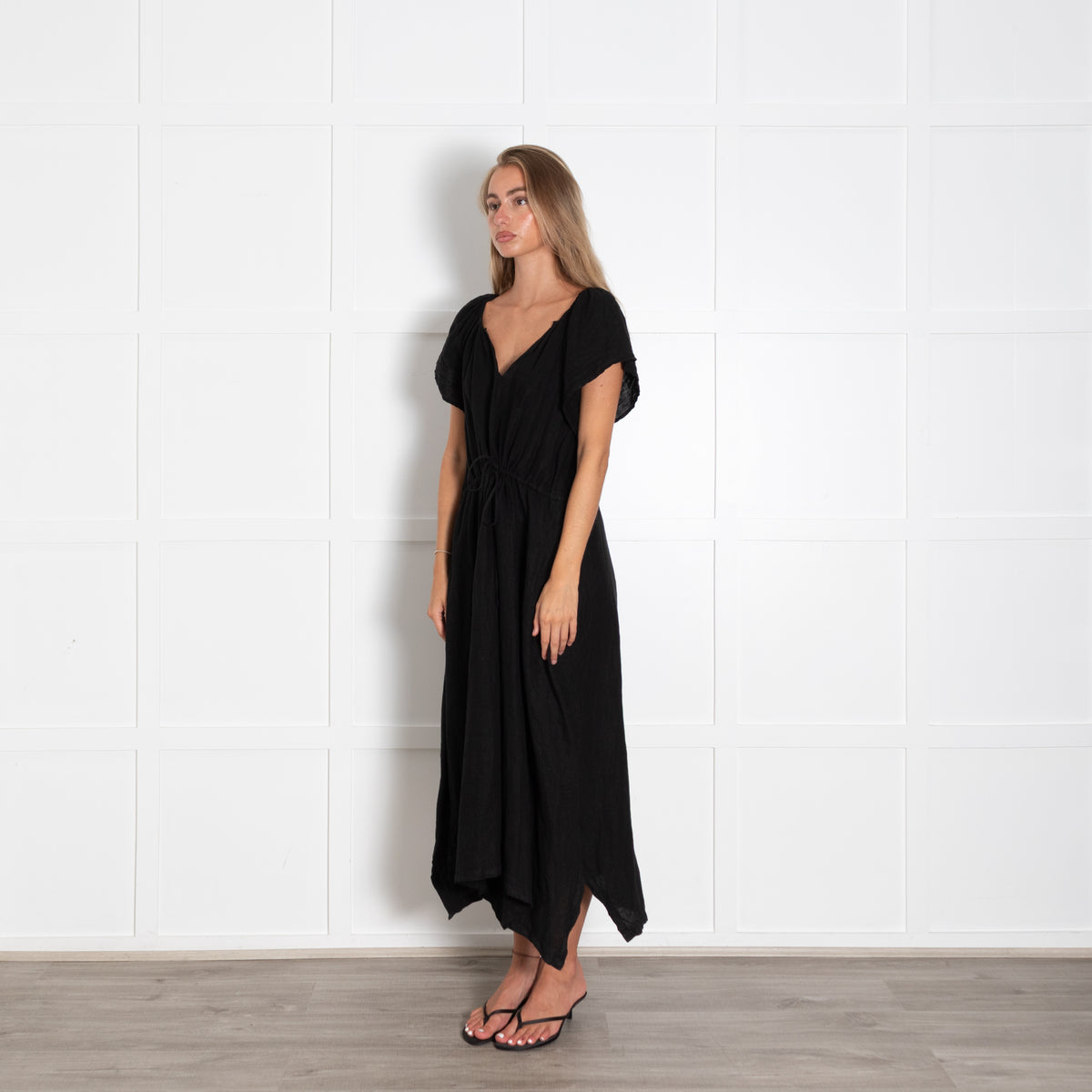 Velvet Black Cap Sleeve Linen Dress With Drawstring Waist
