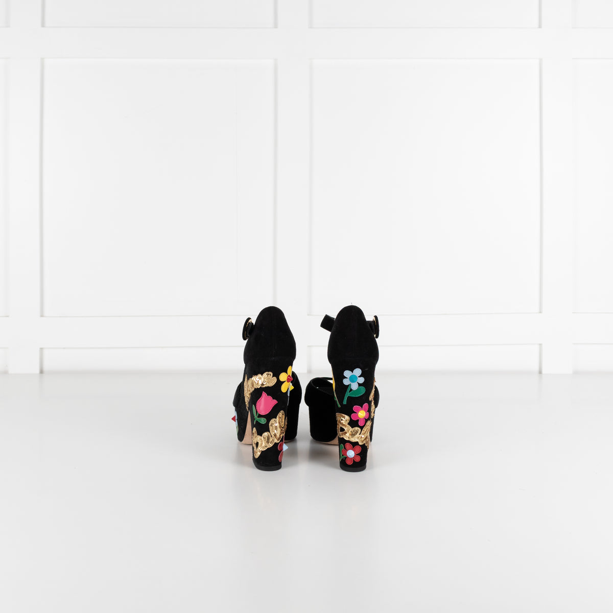 Dolce & Gabbana Black Suede Floral Embellished Wedge Sandals