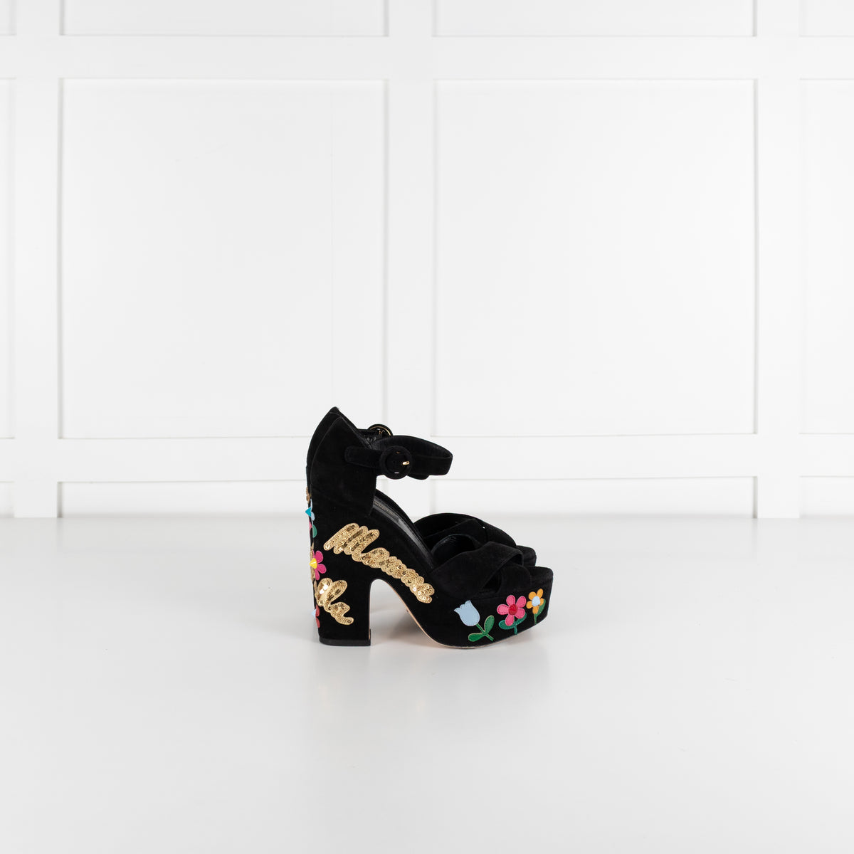 Dolce & Gabbana Black Suede Floral Embellished Wedge Sandals