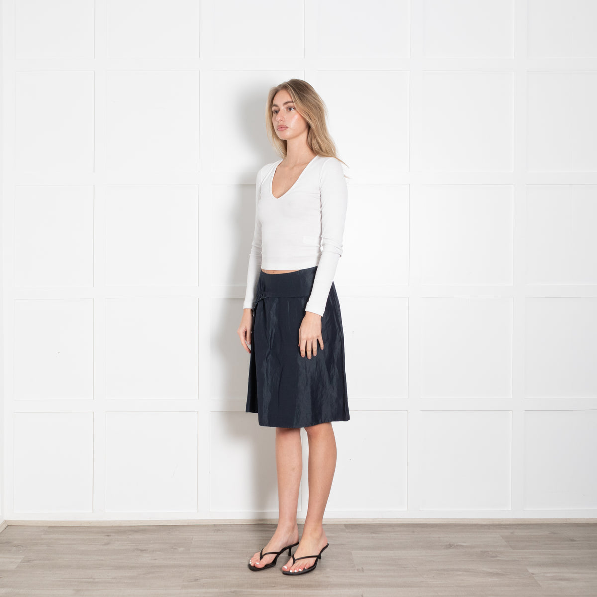 Marni Navy Blue Ruched Detail Linen Blend Skirt
