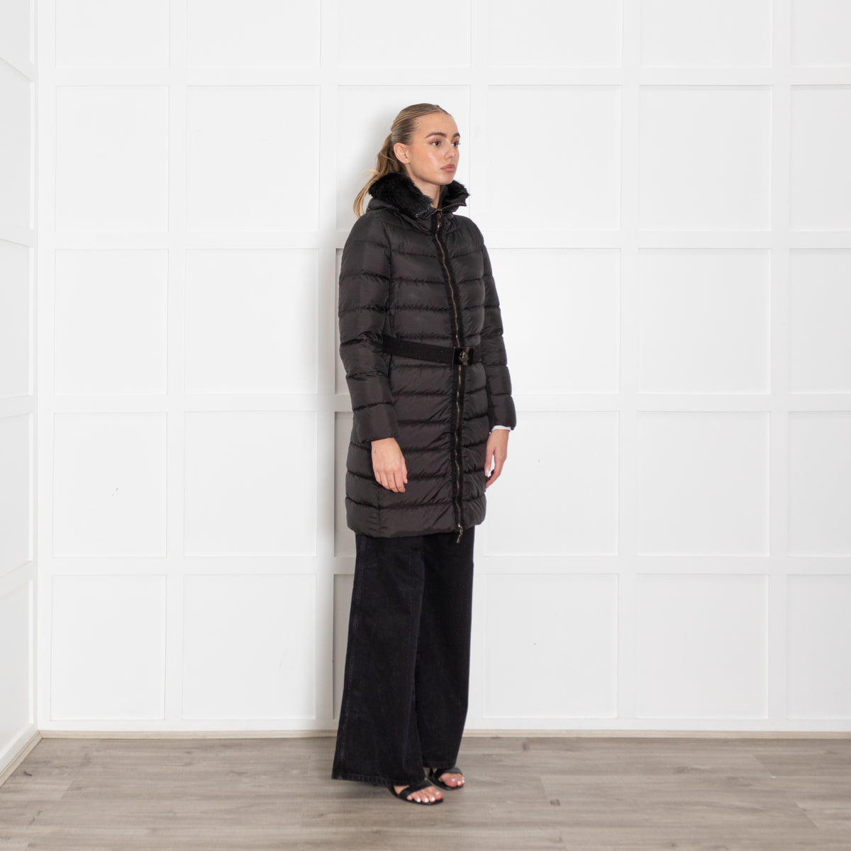 Moncler Black Puffer Fur Trim Hooded Coat