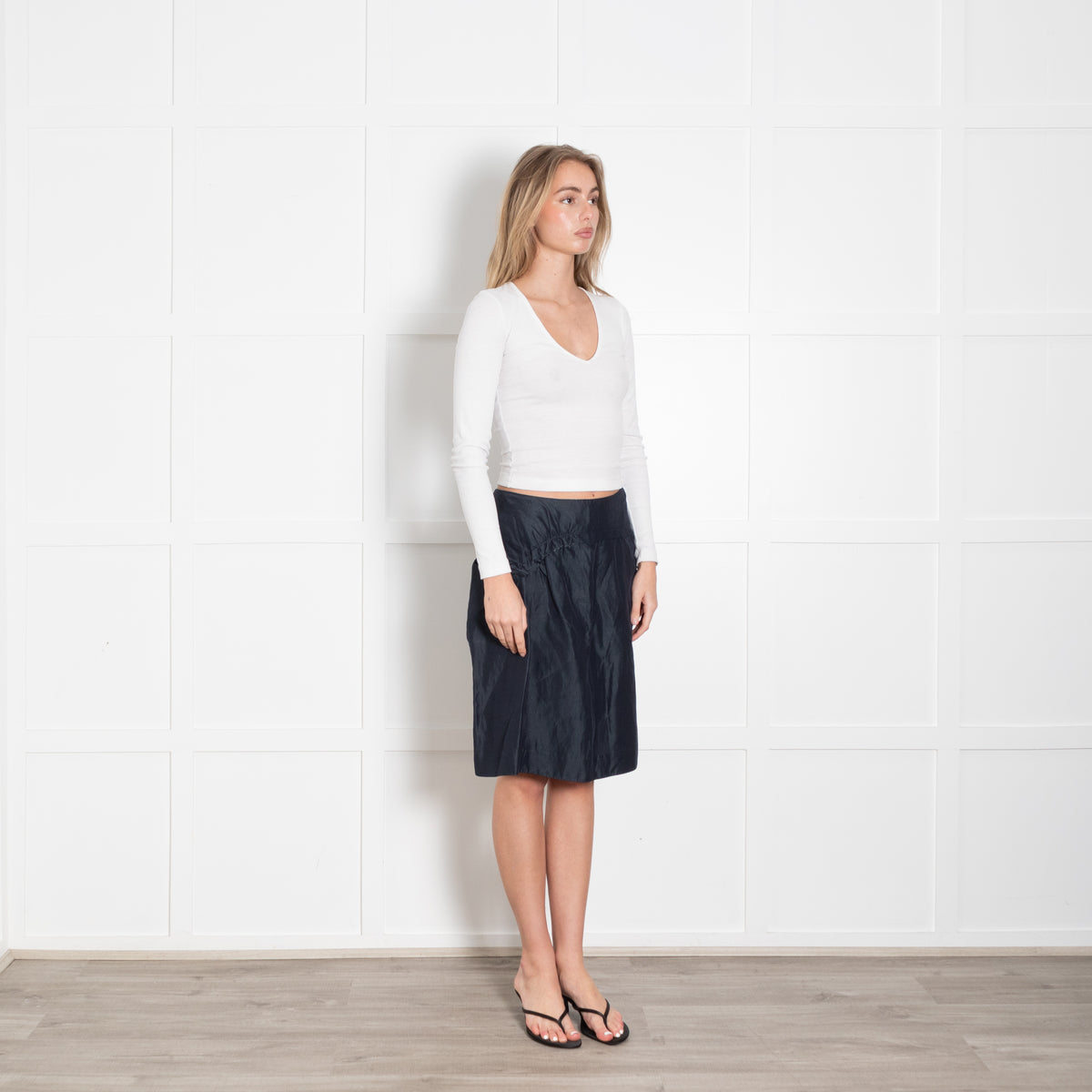 Marni Navy Blue Ruched Detail Linen Blend Skirt