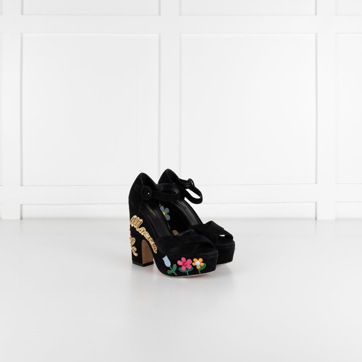 Dolce & Gabbana Black Suede Floral Embellished Wedge Sandals