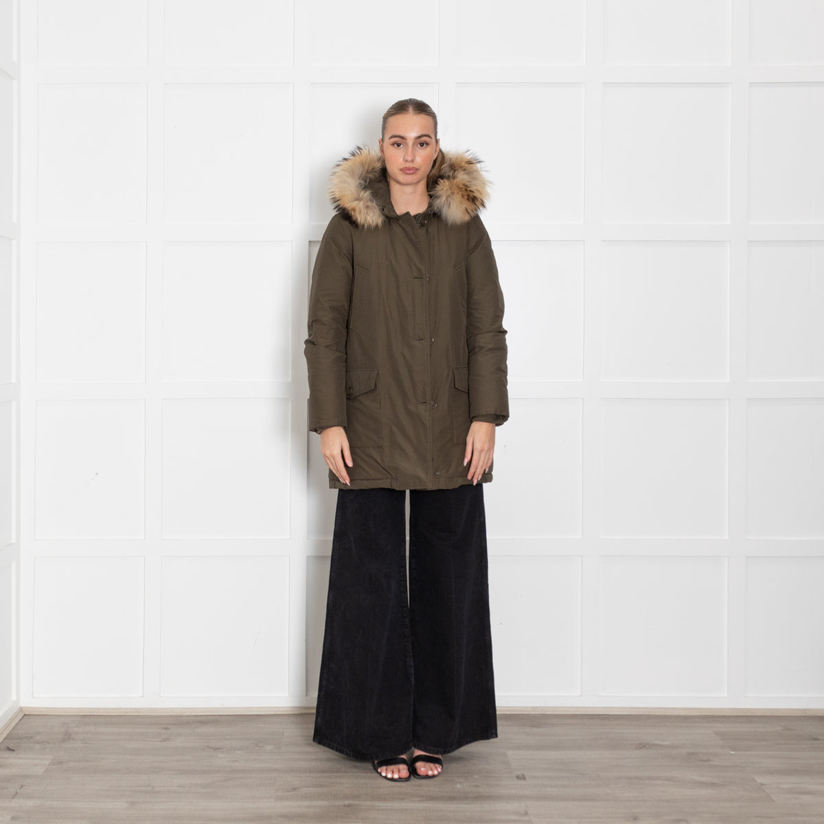 Woolrich Khaki Fur Trim Hooded Puffer Jacket