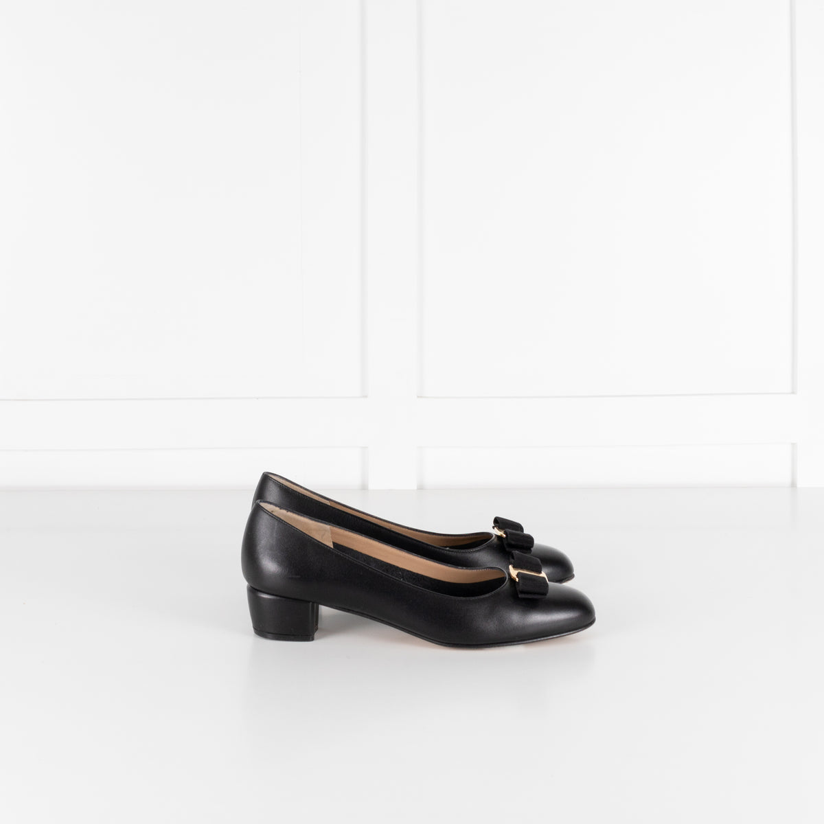 Salvatore Ferragamo Black Leather Low Heel Bow Front Shoes