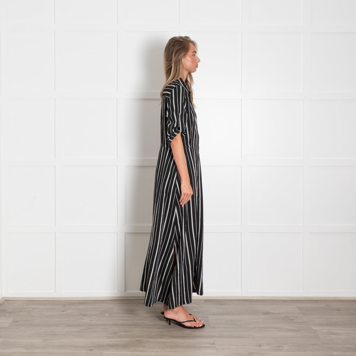 Riani Black Striped Short Sleeve Maxi Shirt Dress