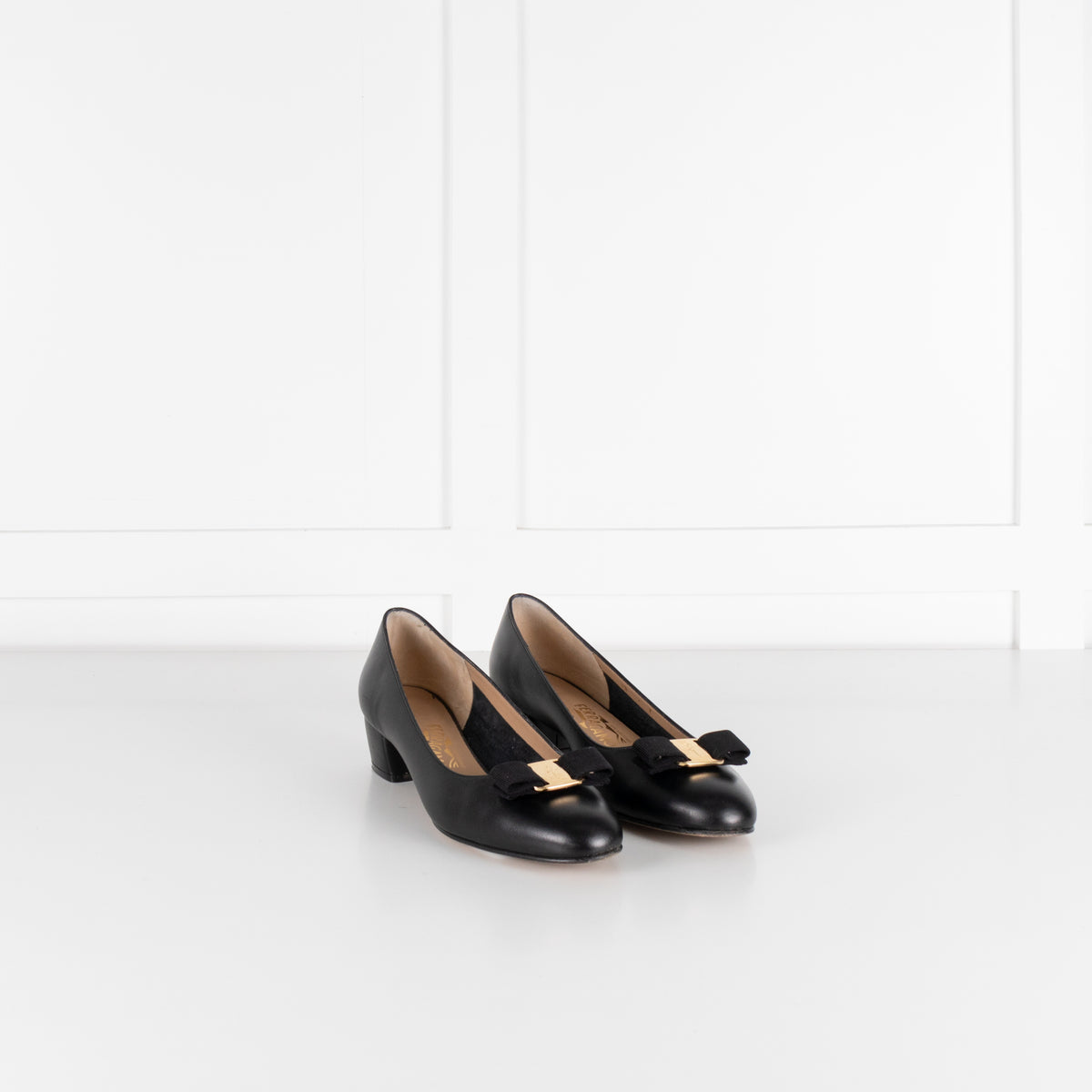 Salvatore Ferragamo Black Leather Low Heel Bow Front Shoes