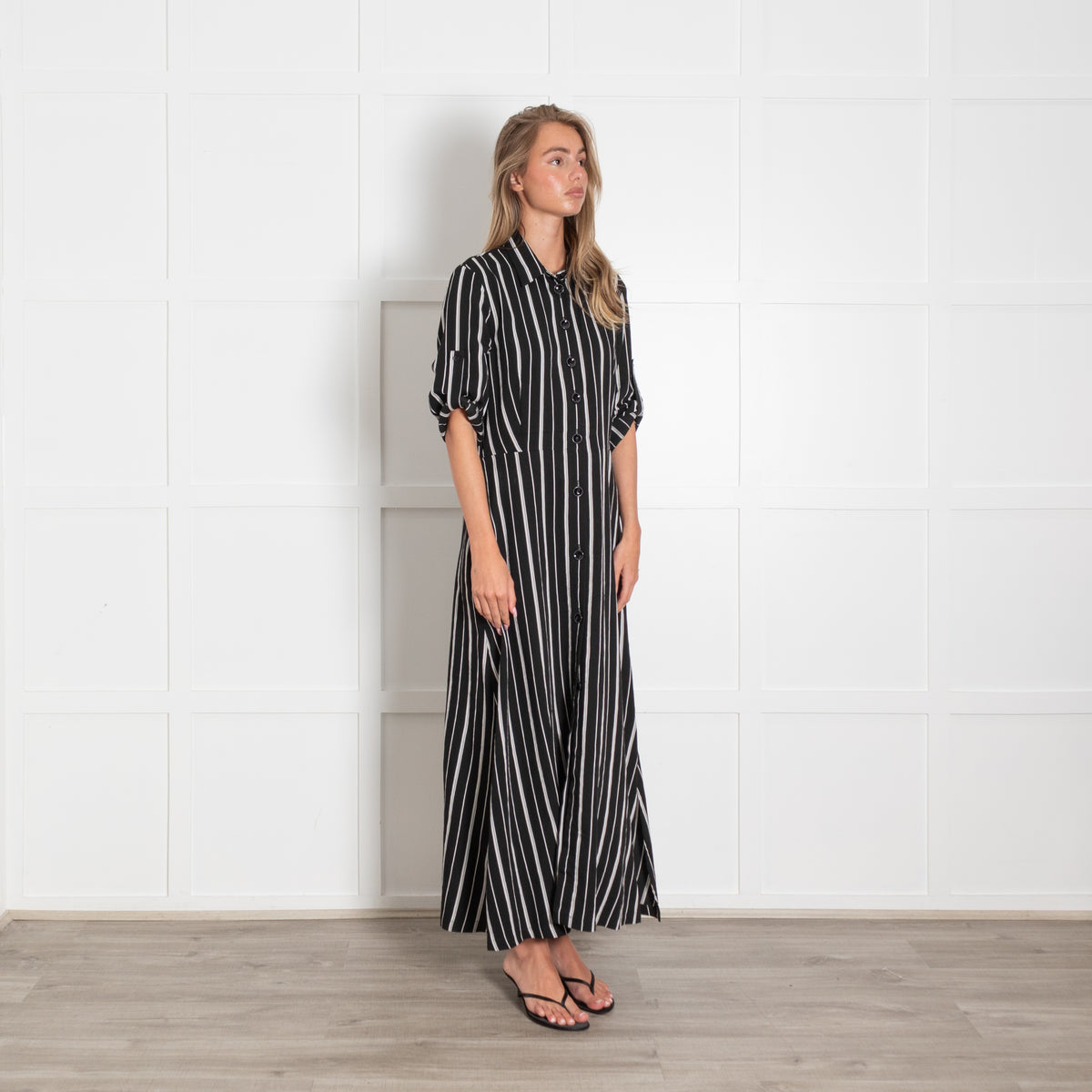 Riani Black Striped Short Sleeve Maxi Shirt Dress