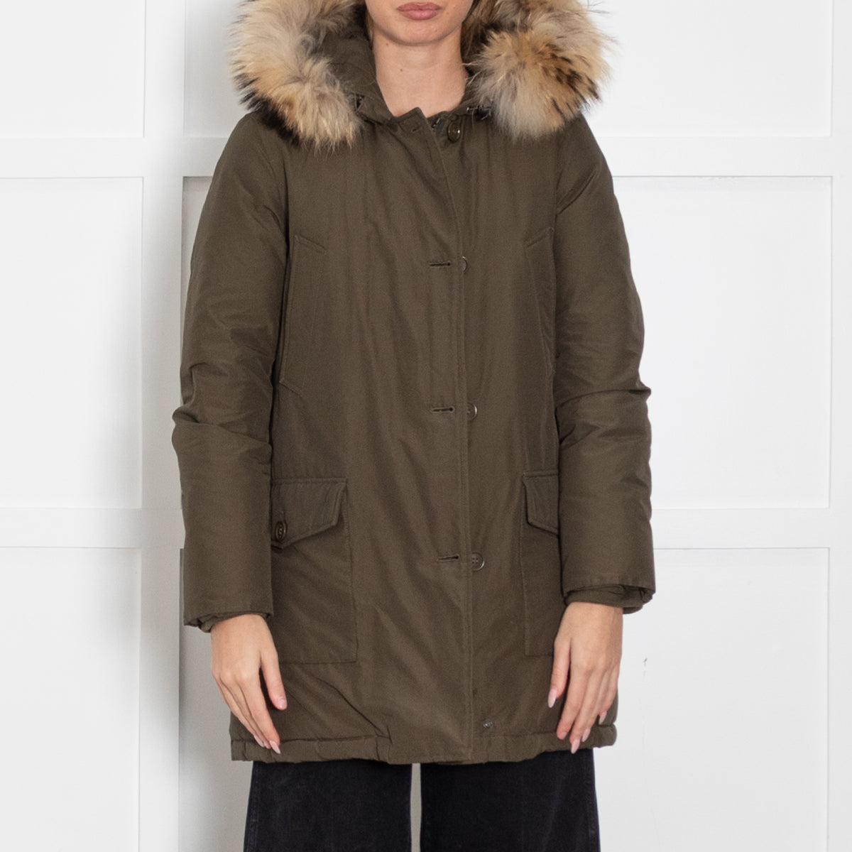 Woolrich Khaki Fur Trim Hooded Puffer Jacket