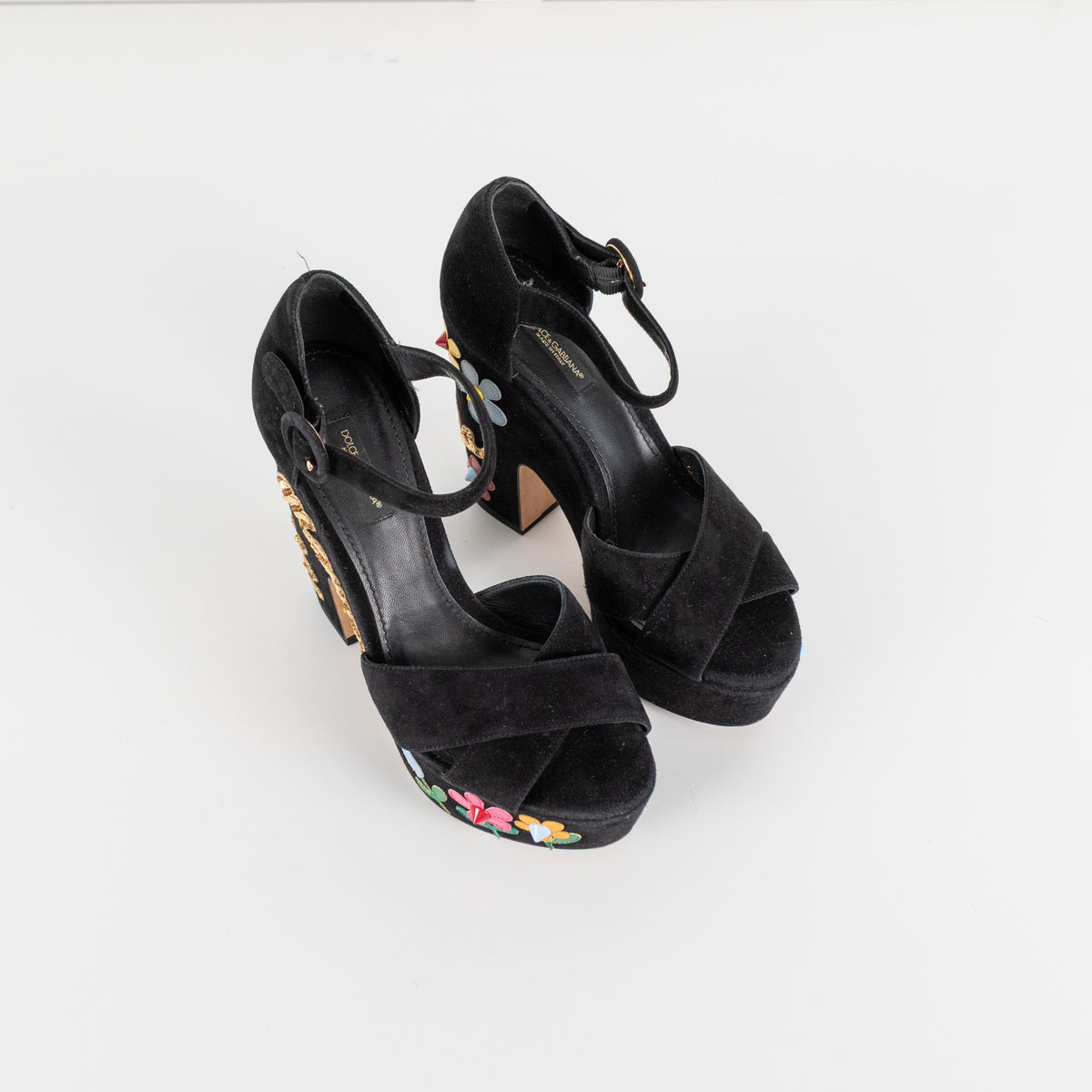 Dolce & Gabbana Black Suede Floral Embellished Wedge Sandals