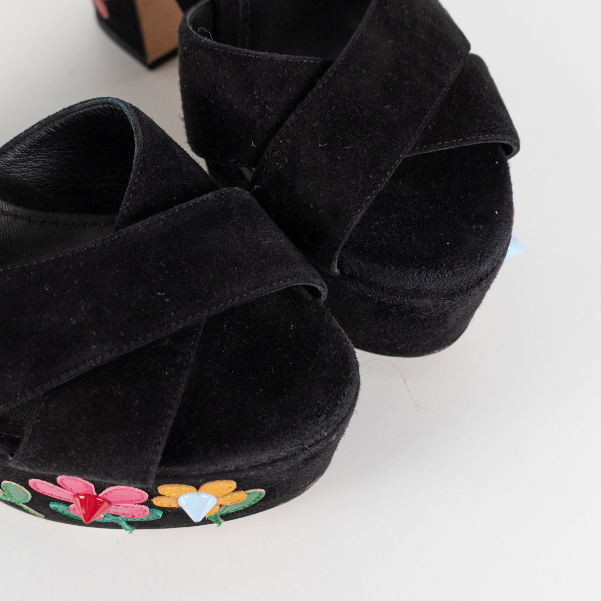 Dolce & Gabbana Black Suede Floral Embellished Wedge Sandals