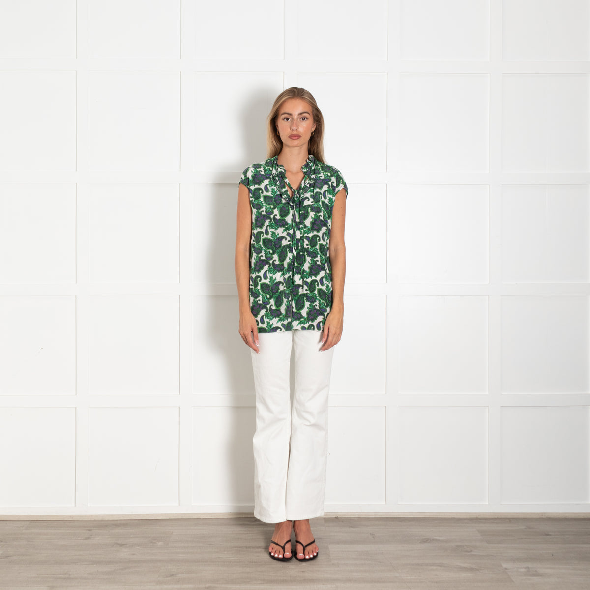 Sandro White Green Floral Front Back Slits Silk Top