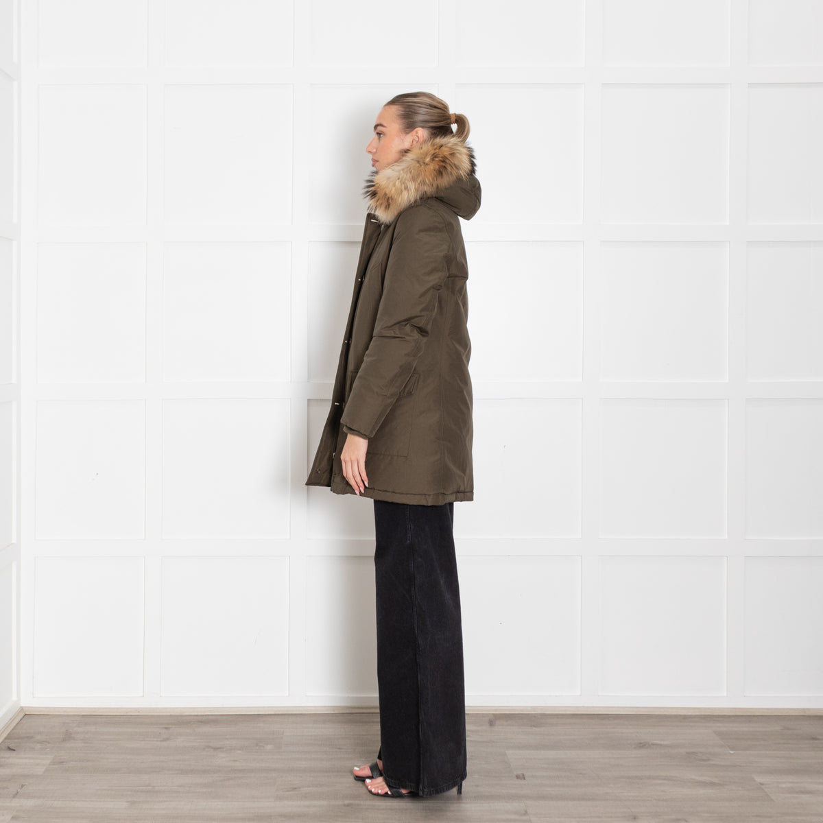 Woolrich Khaki Fur Trim Hooded Puffer Jacket