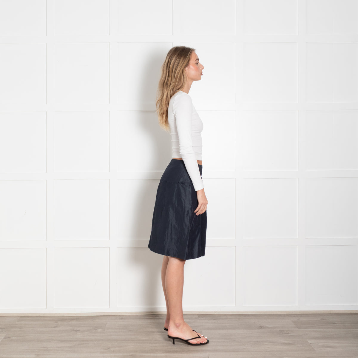 Marni Navy Blue Ruched Detail Linen Blend Skirt