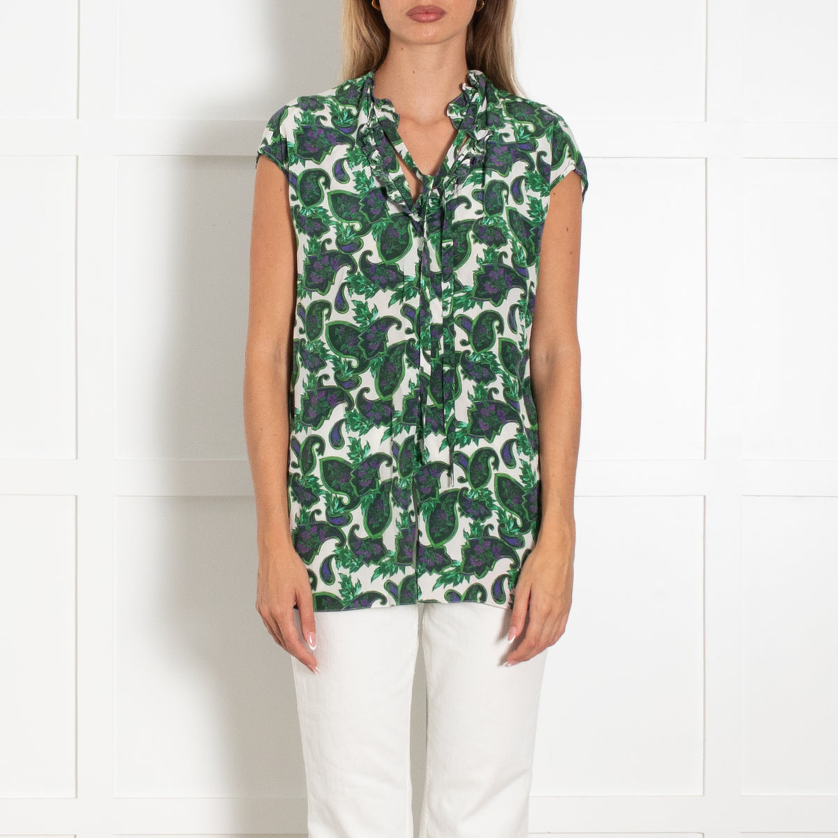 Sandro White Green Floral Front Back Slits Silk Top