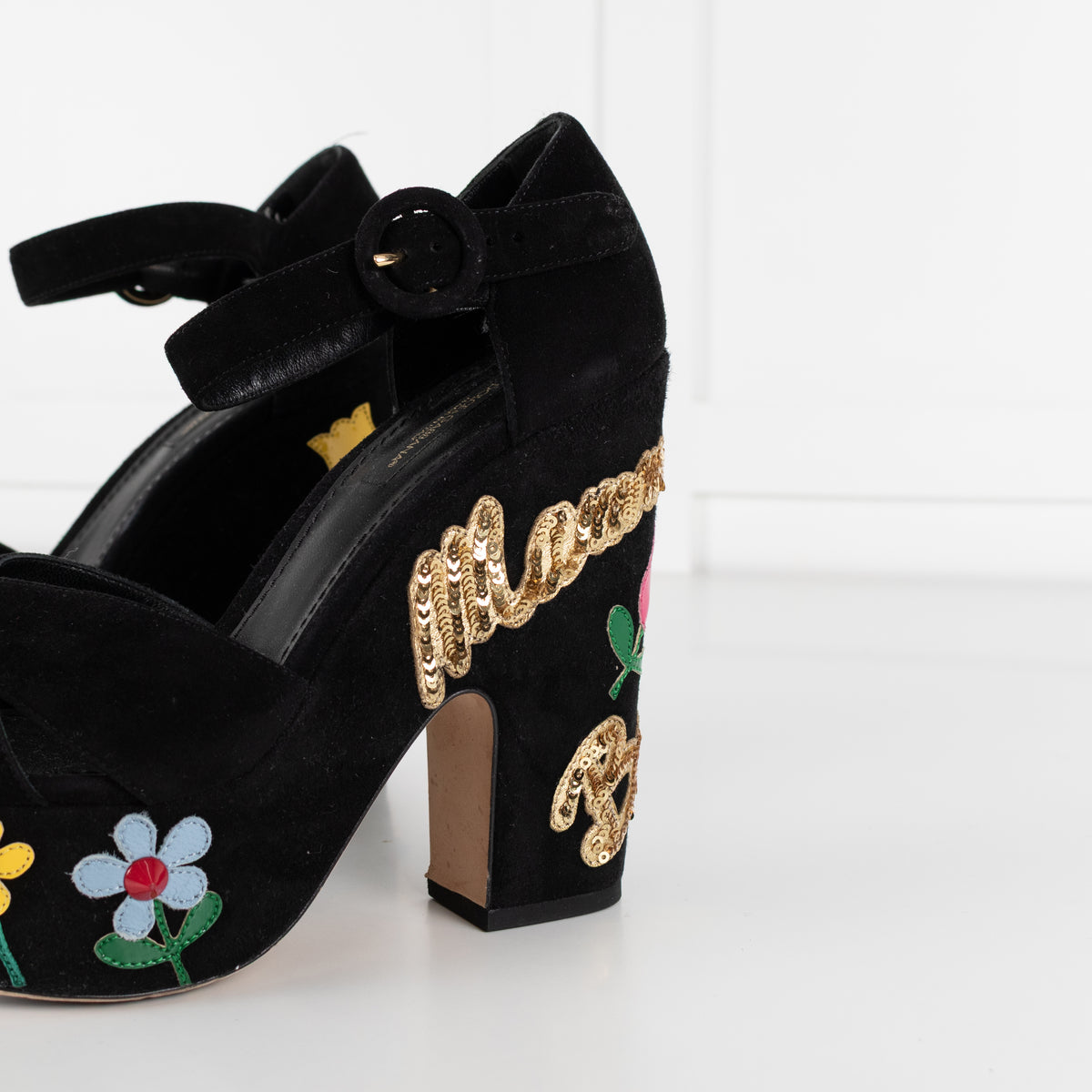 Dolce & Gabbana Black Suede Floral Embellished Wedge Sandals