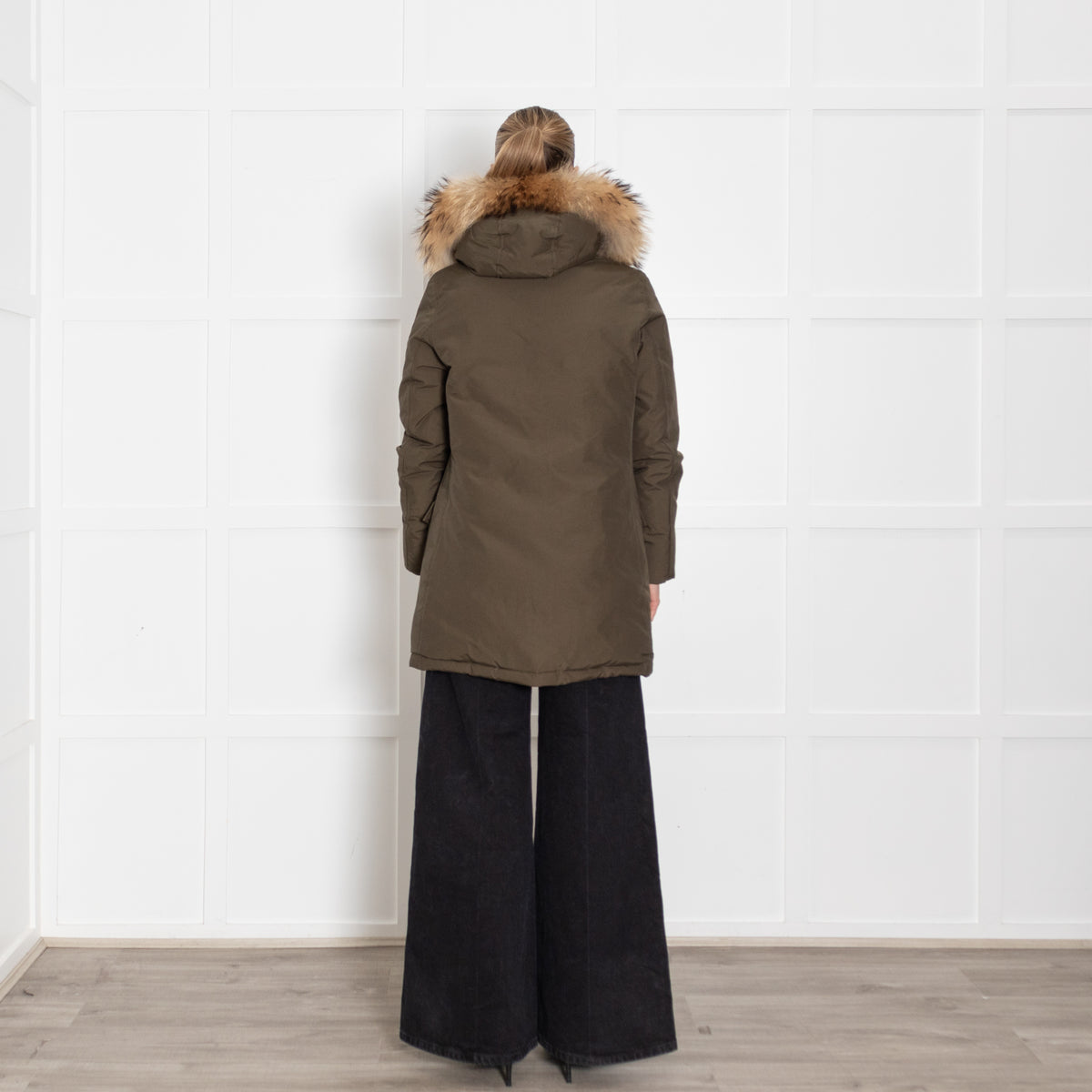 Woolrich Khaki Fur Trim Hooded Puffer Jacket