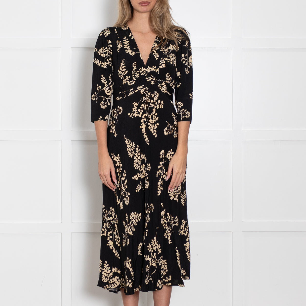 Ba&sh Black Ivory Floral Print Sleeved Midi Dress