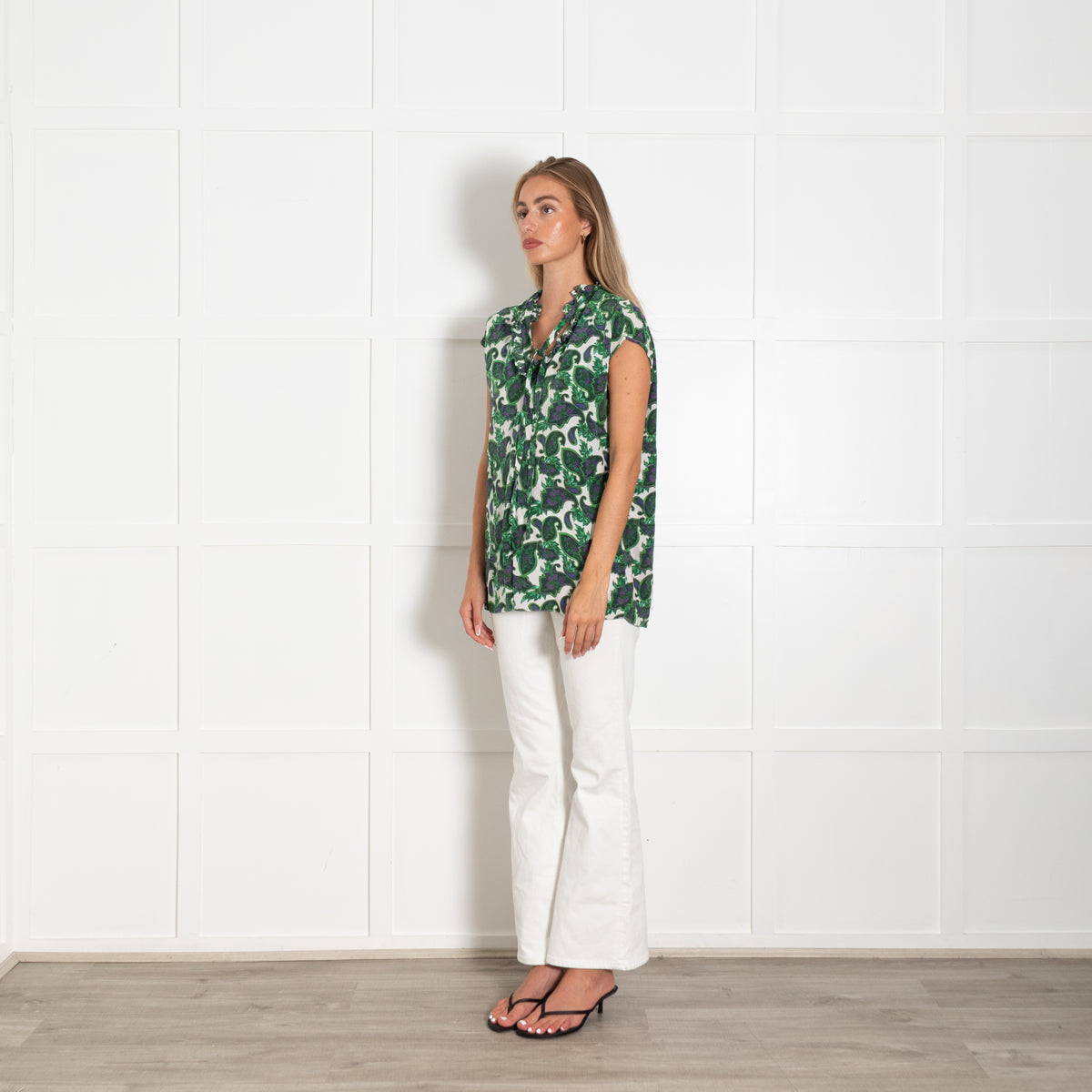 Sandro White Green Floral Front Back Slits Silk Top