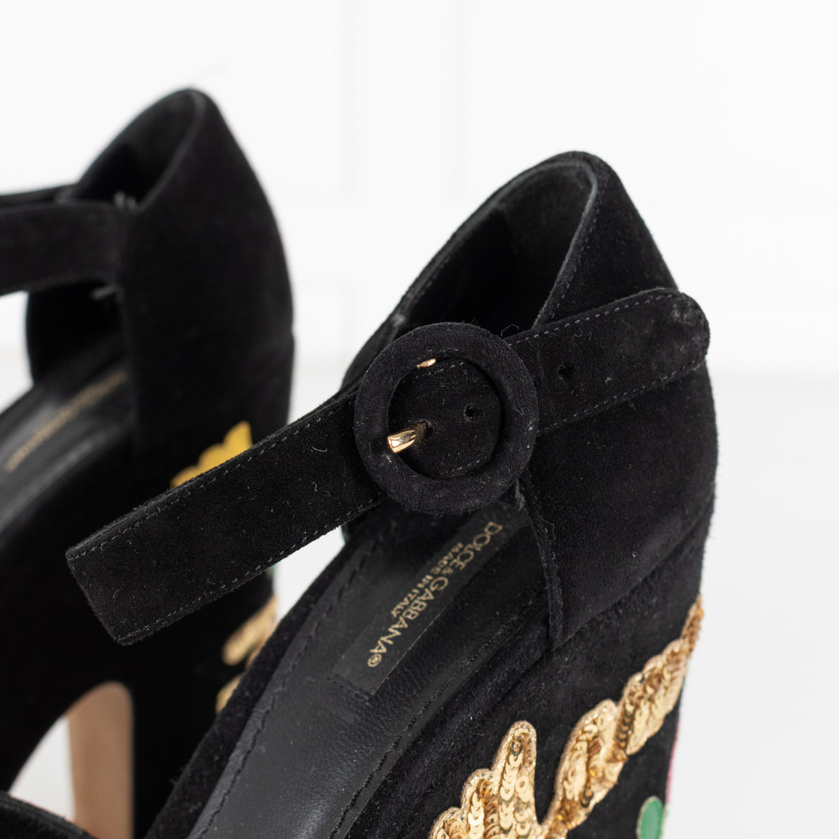 Dolce & Gabbana Black Suede Floral Embellished Wedge Sandals