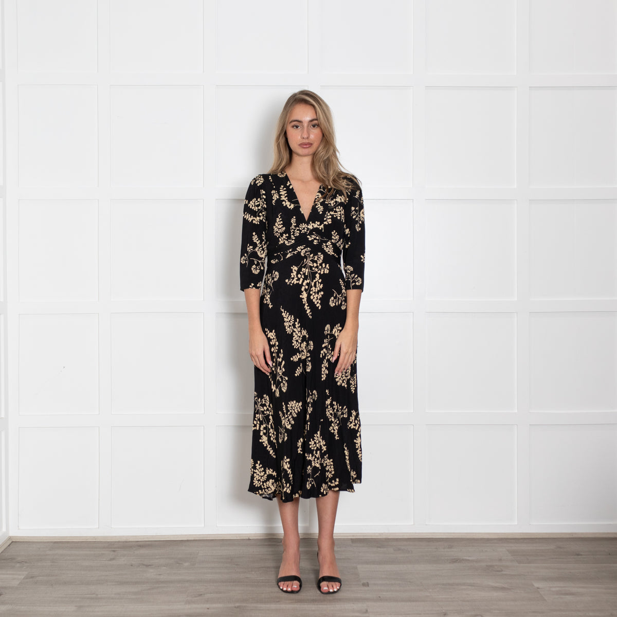 ba&sh Black Dress With Yellow Floral Print And Mid Length Sleeves