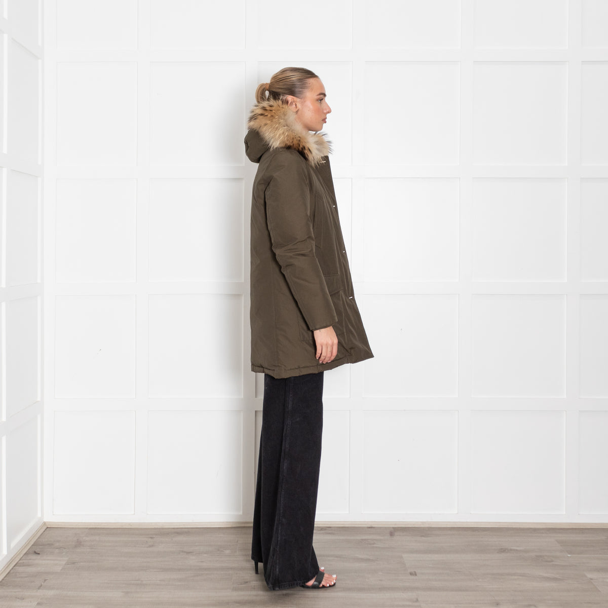 Woolrich Khaki Fur Trim Hooded Puffer Jacket