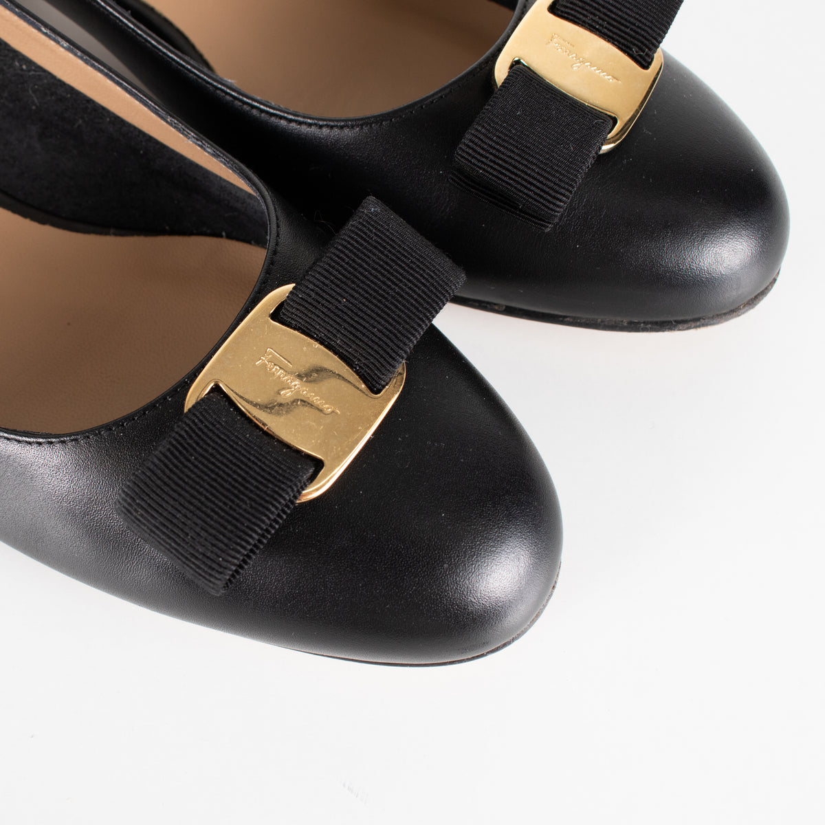 Salvatore Ferragamo Black Leather Low Heel Bow Front Shoes