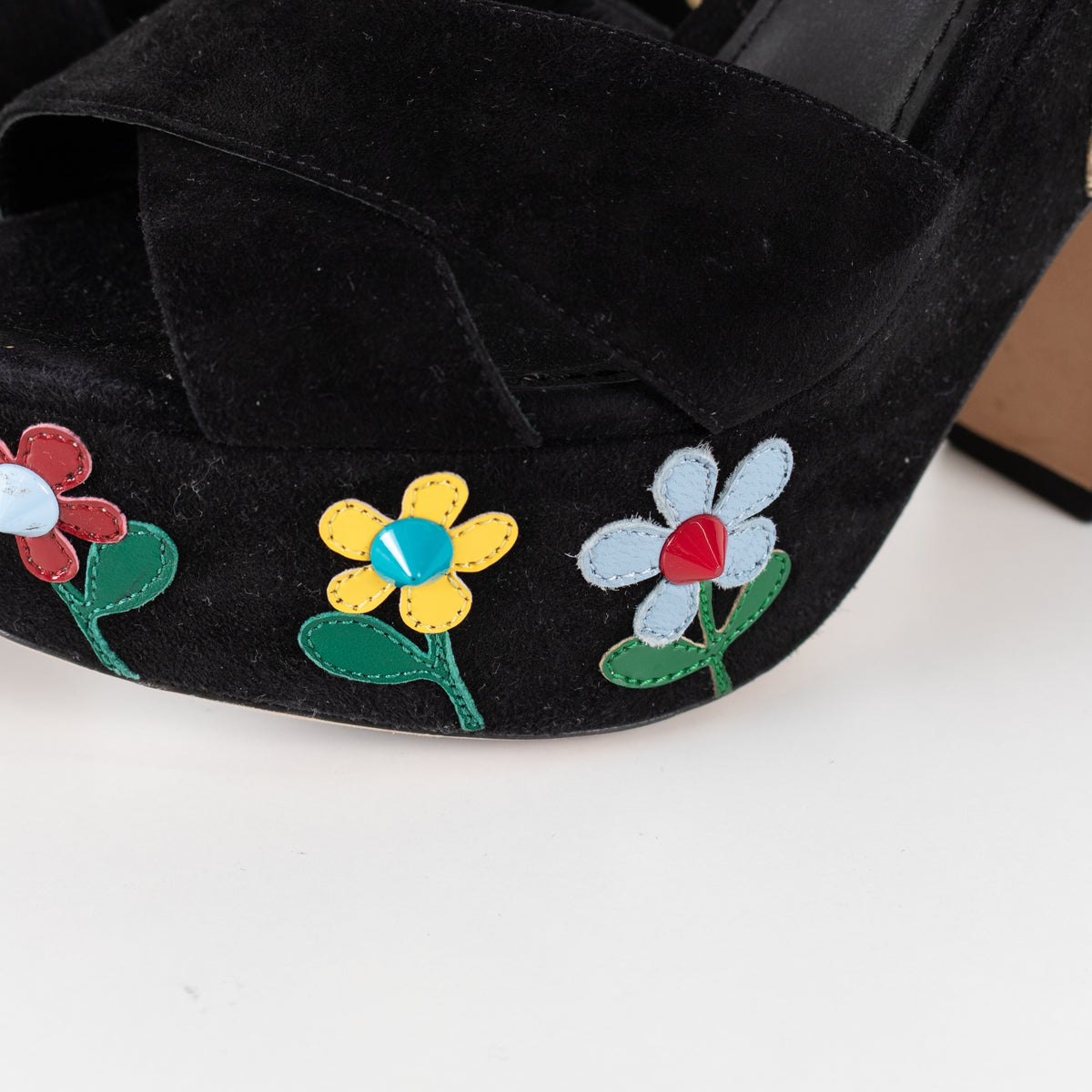 Dolce & Gabbana Black Suede Floral Embellished Wedge Sandals