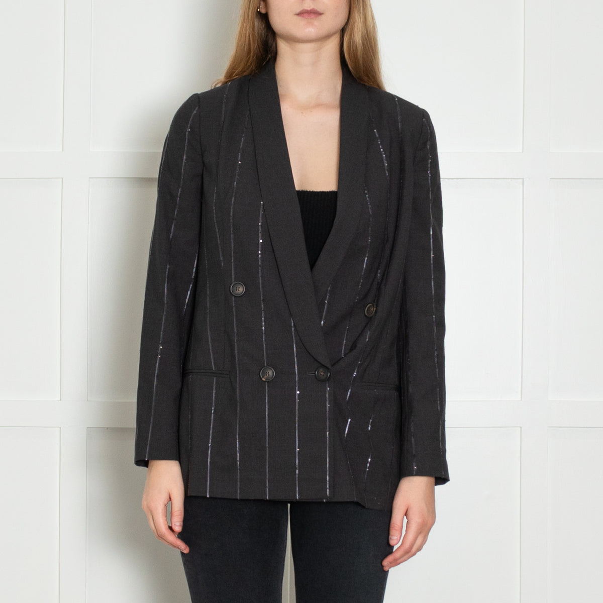 Brunello Cucinelli Grey Sequin Pinstripe Blazer