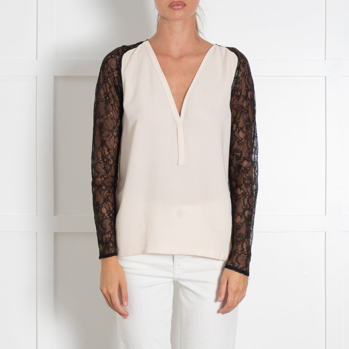 Maje Beige Black Lace Sleeve Top