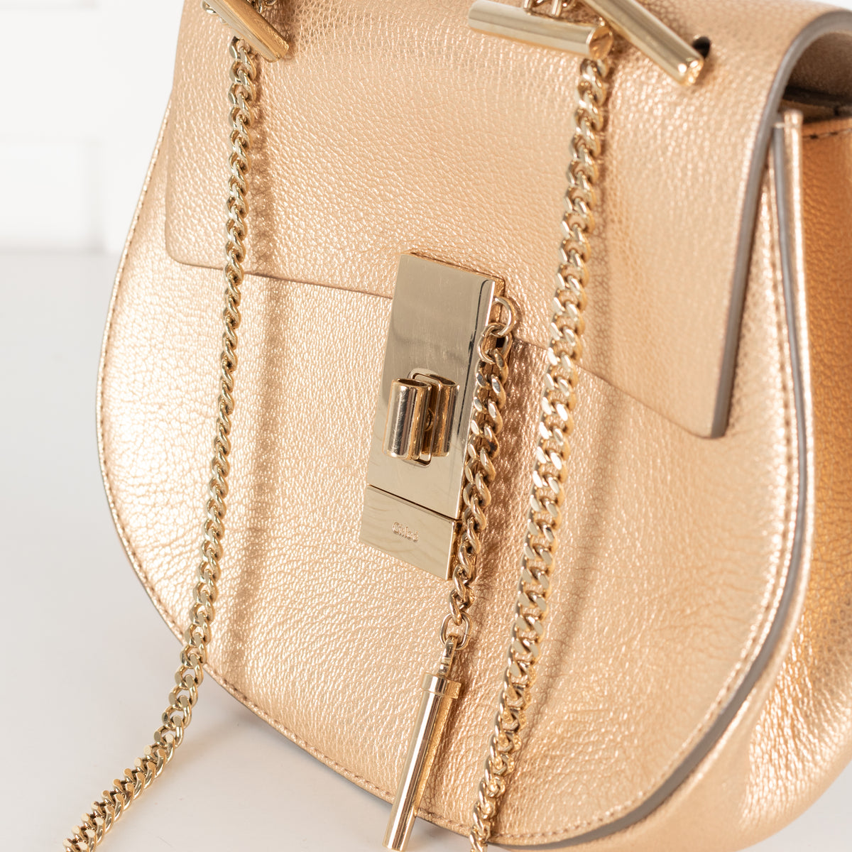 Chloé Gold Grained Leather Drew Crossbody Bag