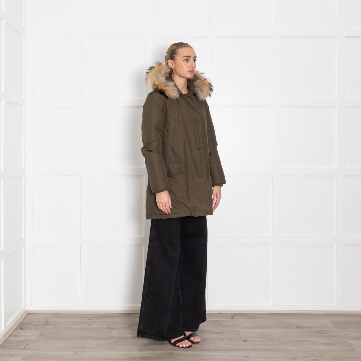 Woolrich Khaki Fur Trim Hooded Puffer Jacket