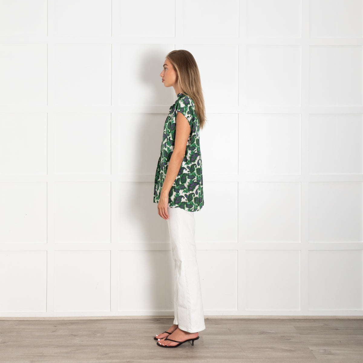 Sandro White Green Floral Front Back Slits Silk Top
