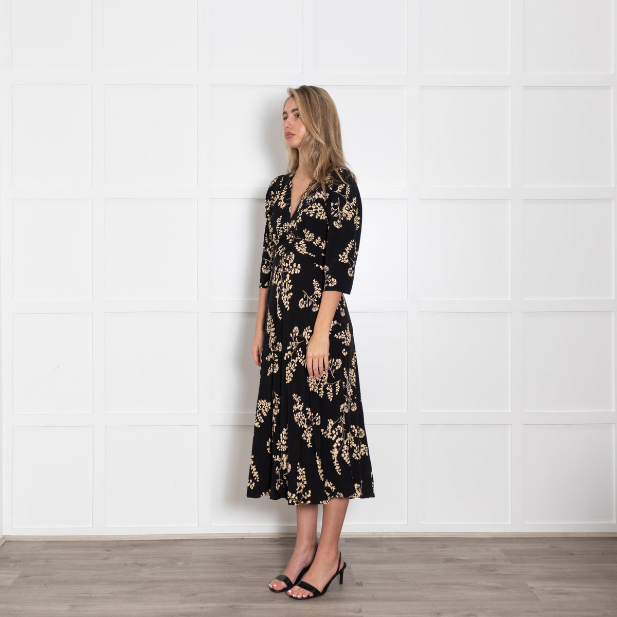 Ba&sh Black Ivory Floral Print Sleeved Midi Dress