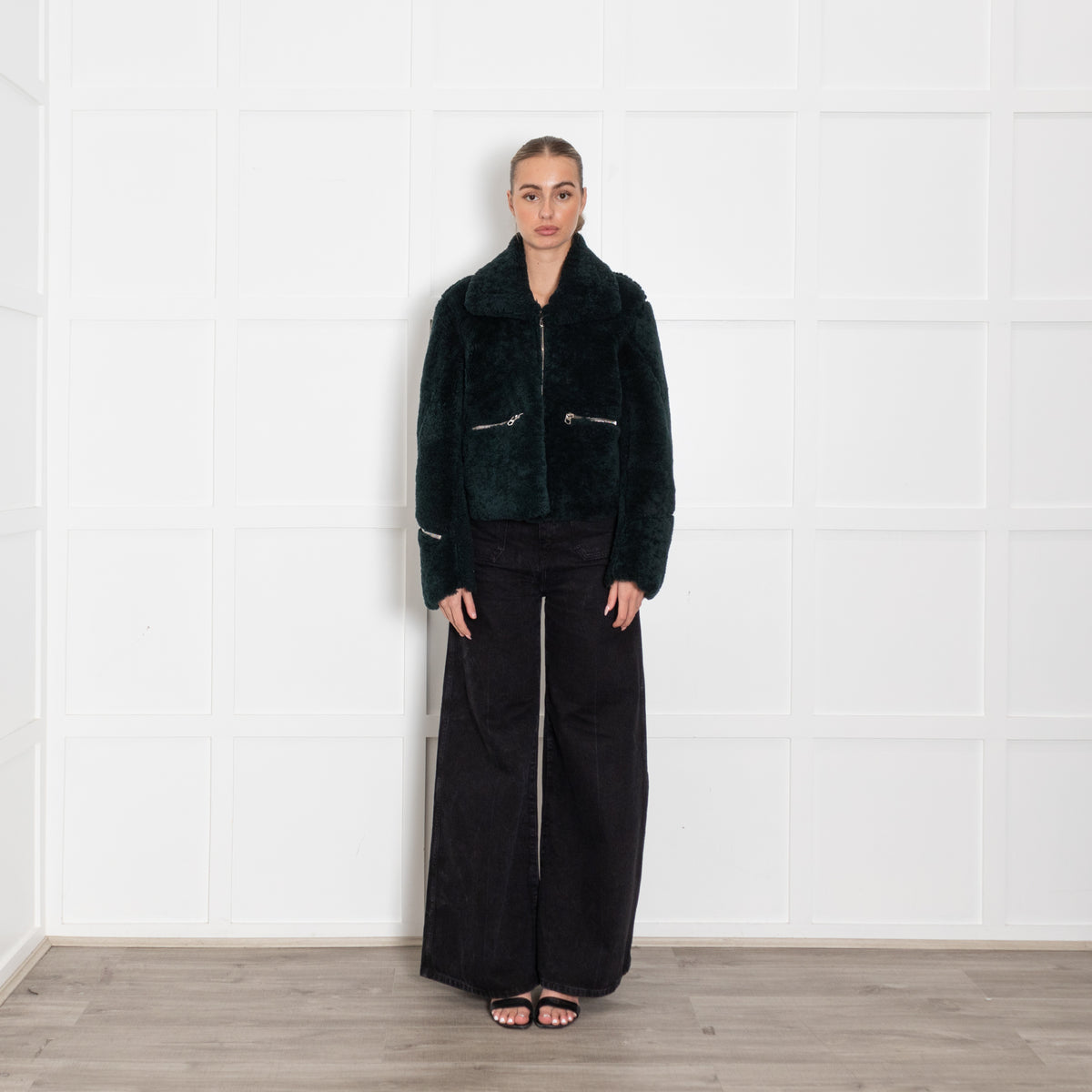 Sandro Dark Green Sheepskin Zip Up Short Jacket