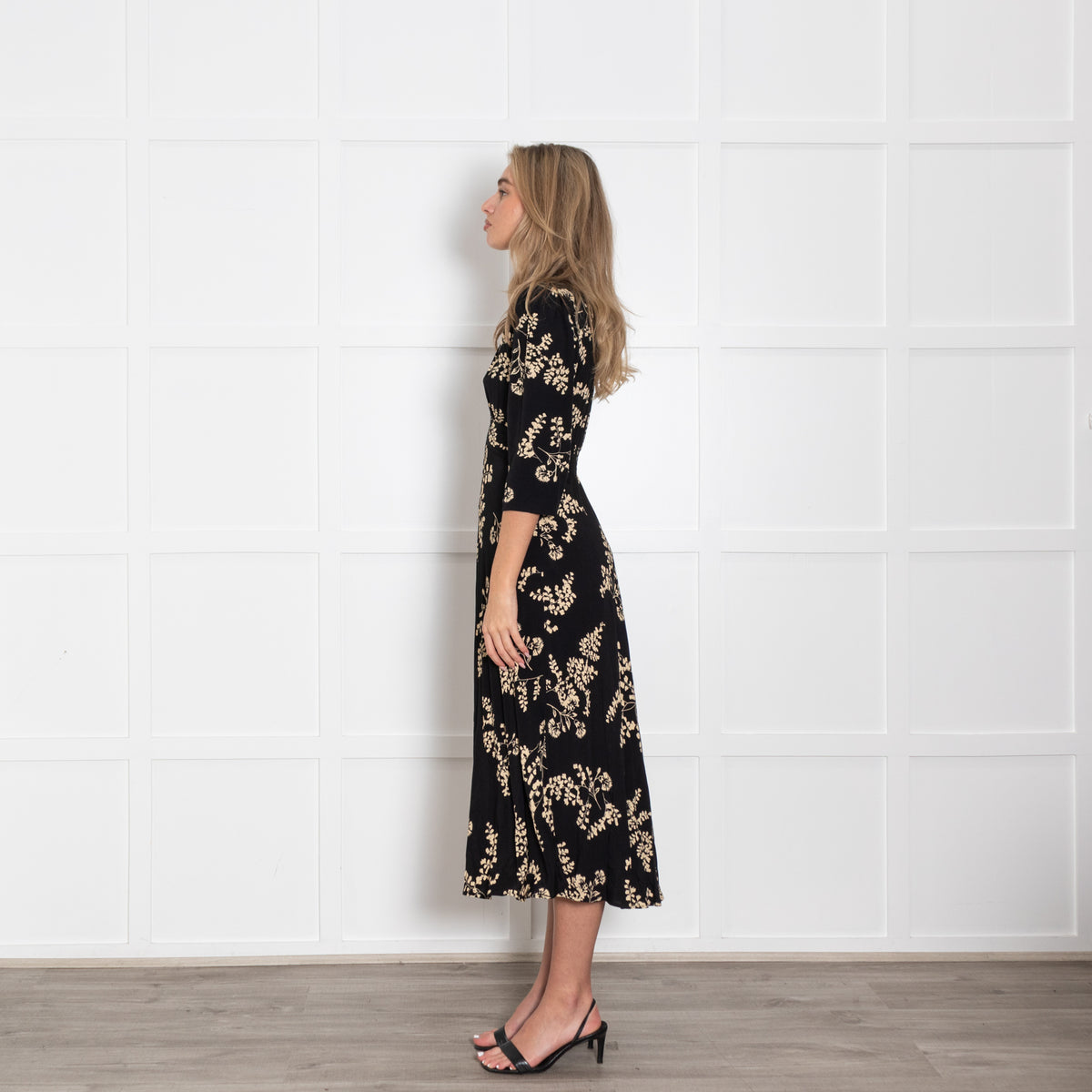 Ba&sh Black Ivory Floral Print Sleeved Midi Dress