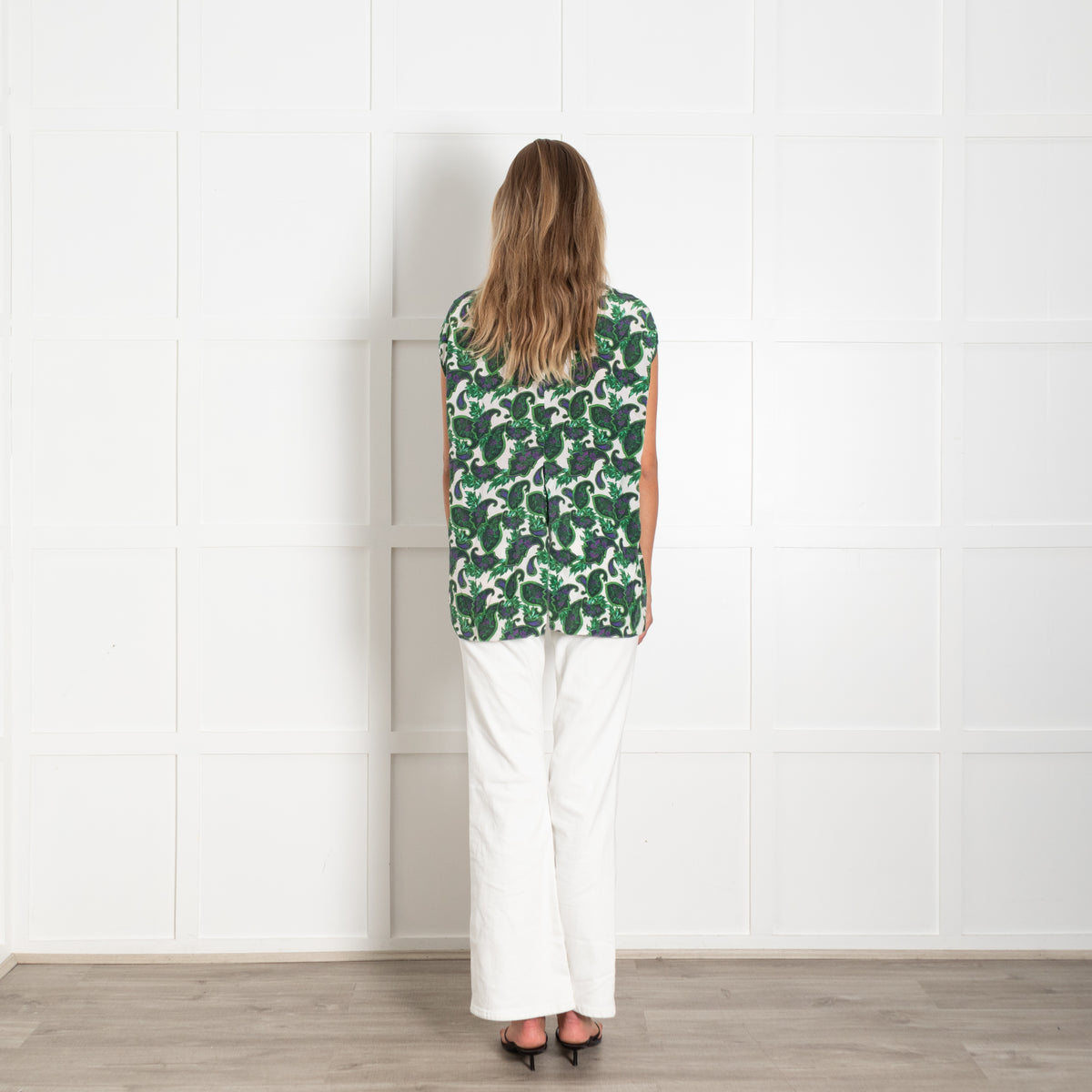Sandro White Green Floral Front Back Slits Silk Top