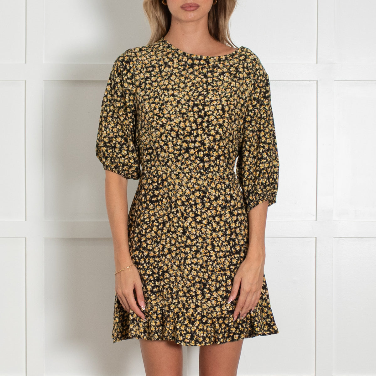 Faithful The Brand Black & Yellow Print Estele Mini Dress
