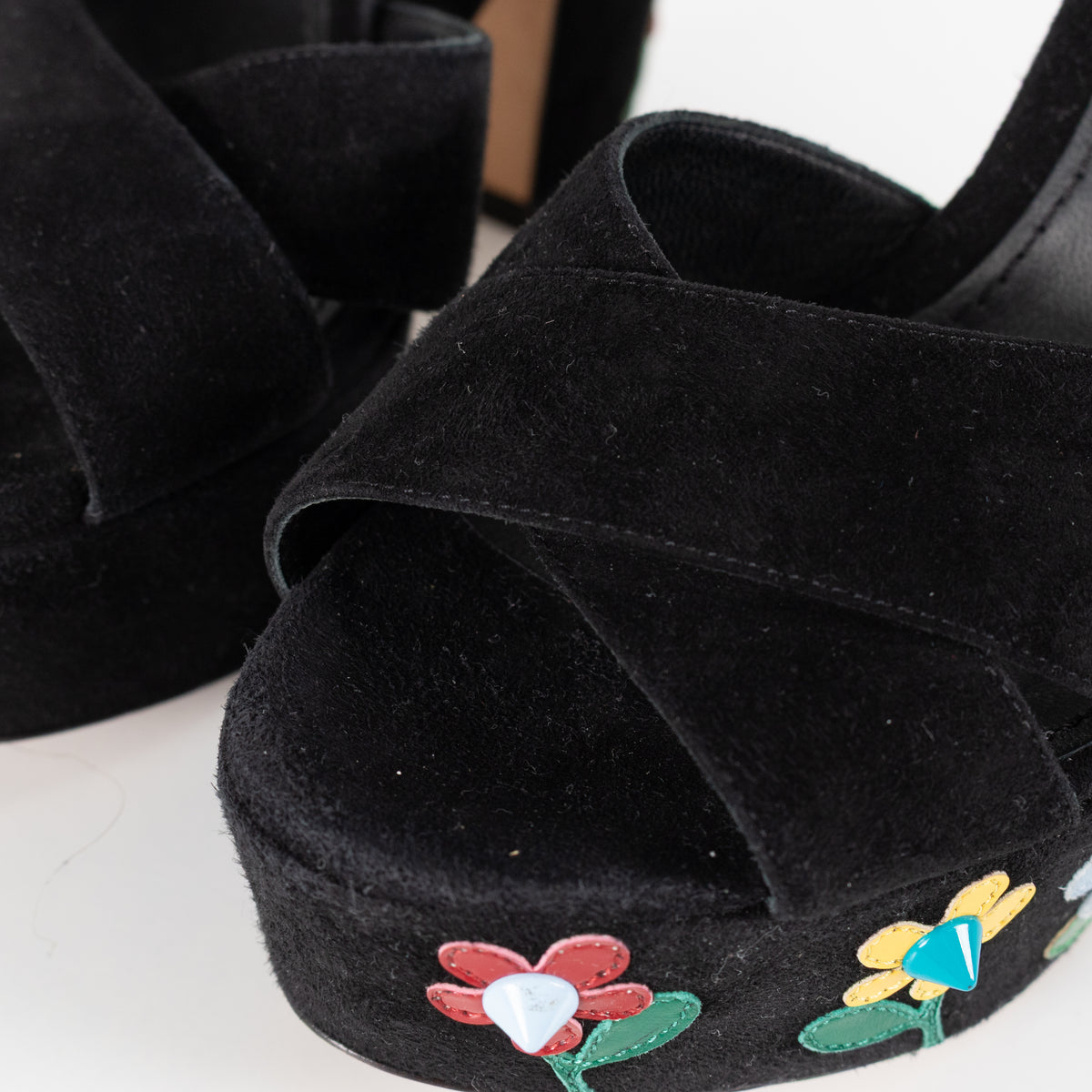 Dolce & Gabbana Black Suede Floral Embellished Wedge Sandals