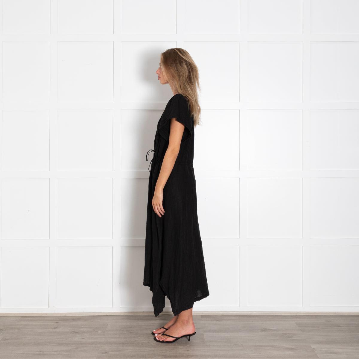 Velvet Black Cap Sleeve Linen Dress With Drawstring Waist