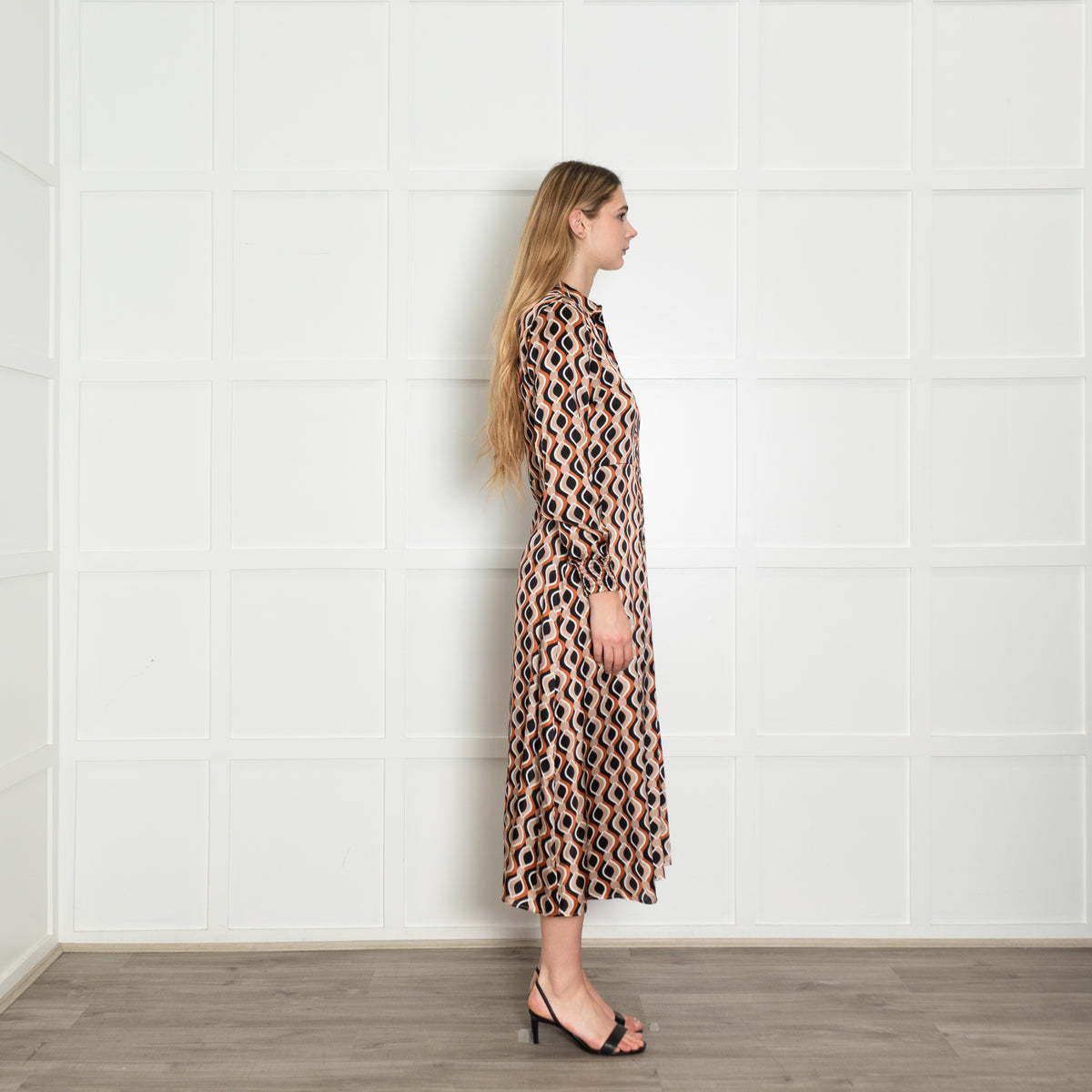 Charlotte Sparre Black Brown White Print Front Open Silk Maxi Dress