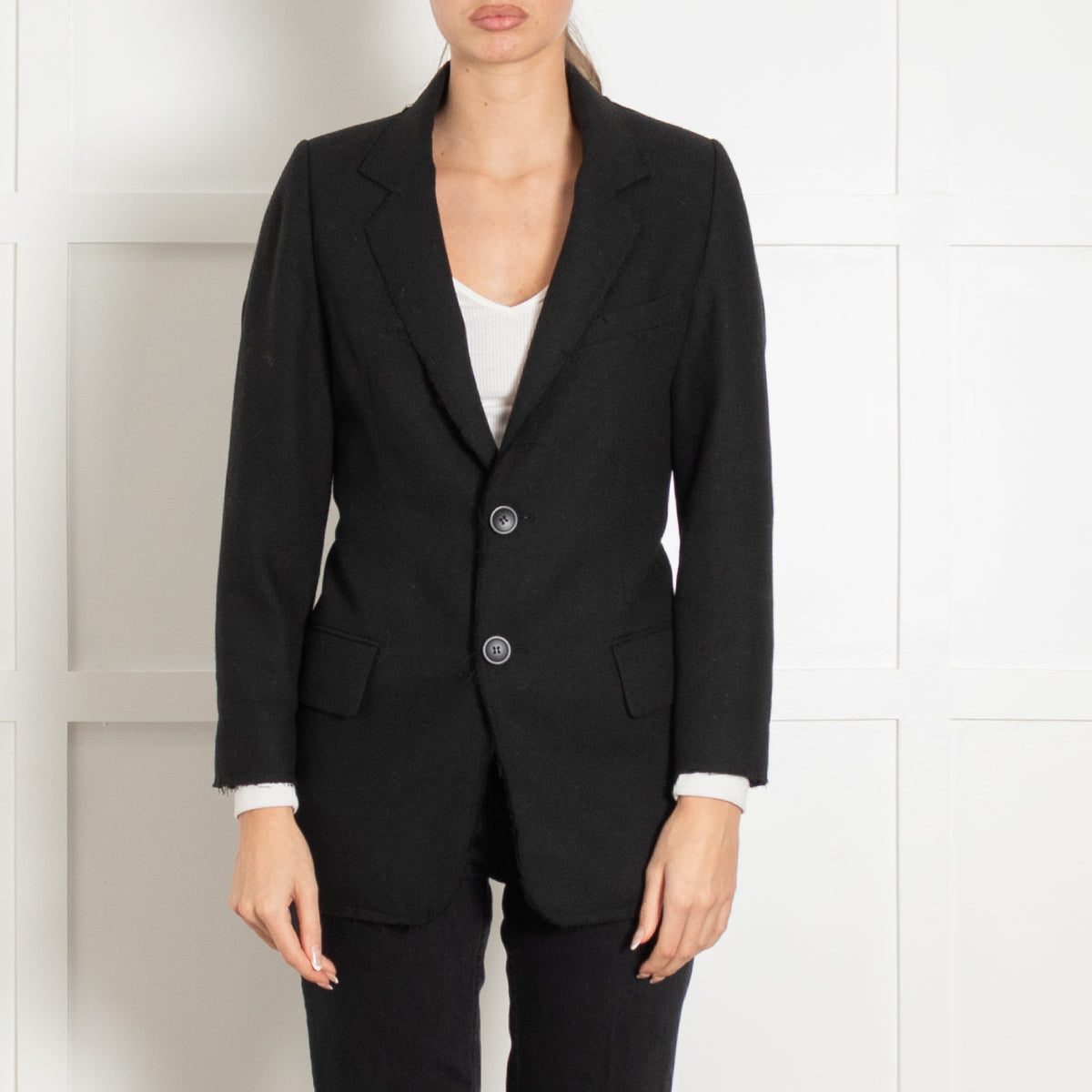 Hyein Seo Black Raw Edged Wool Blazer Jacket