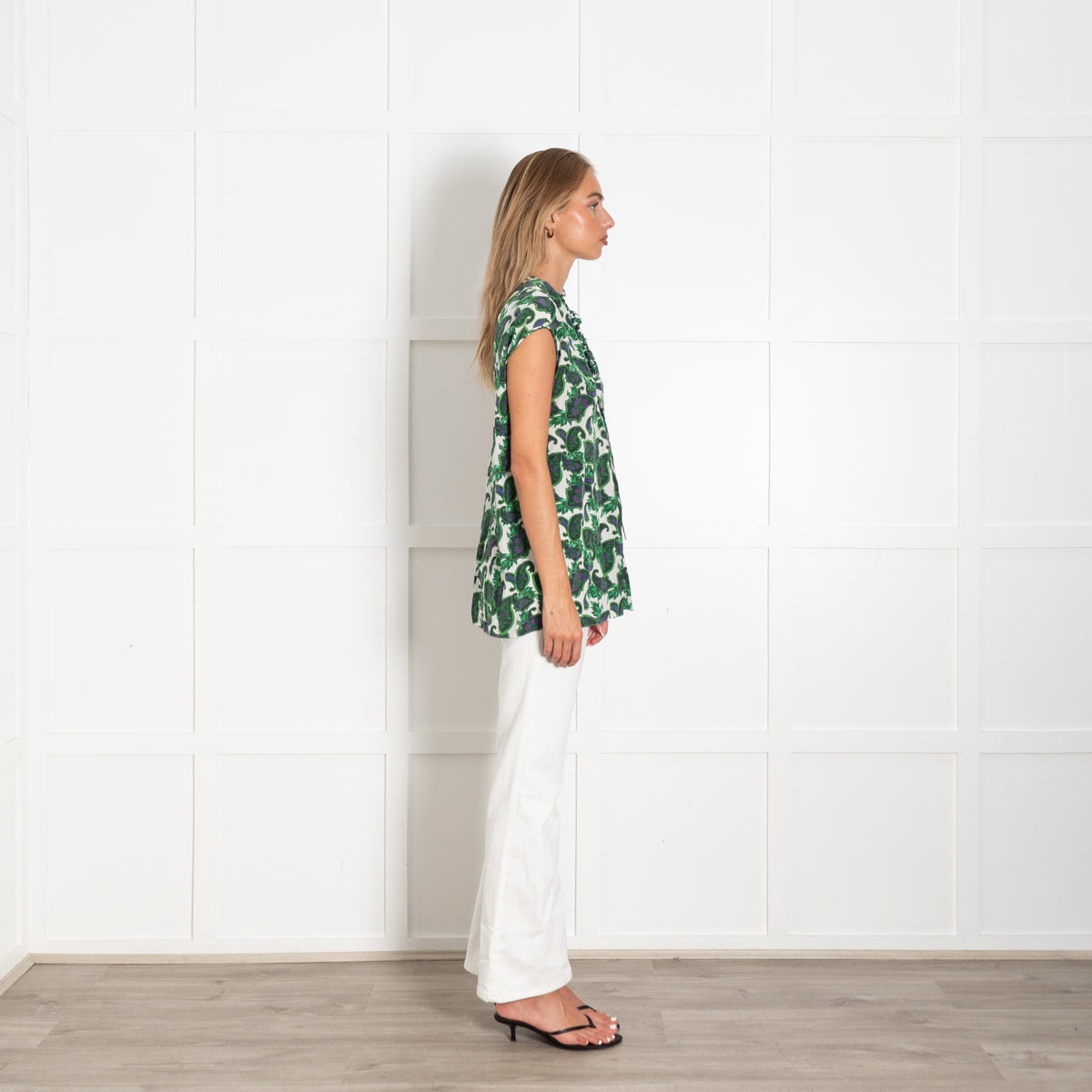 Sandro White Green Floral Front Back Slits Silk Top
